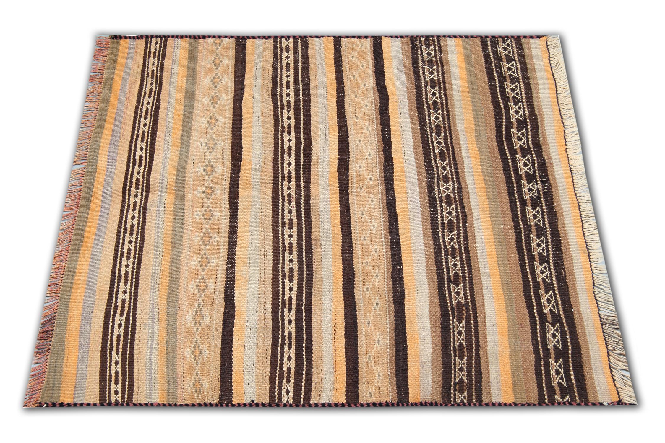 Afghan Modern Striped Rug, Kilim Runner Rug Handwoven Vintage Fine Wool For Sale