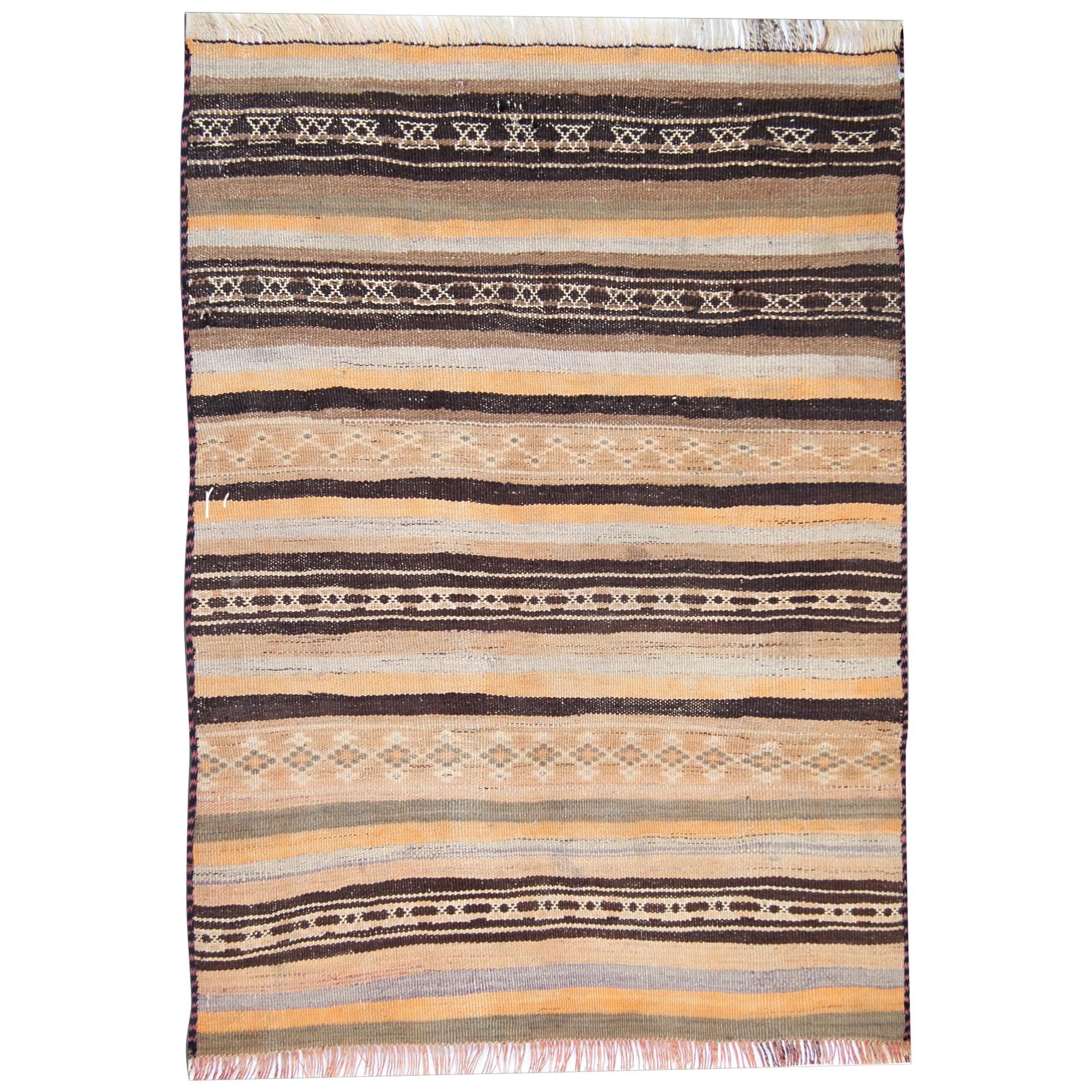 Modern Striped Rug, Kilim Runner Rug Handwoven Vintage Fine Wool For Sale