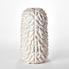 Striped Symmetry Fold III, aqua, jade & white porcelain vessel by Steven Edwards