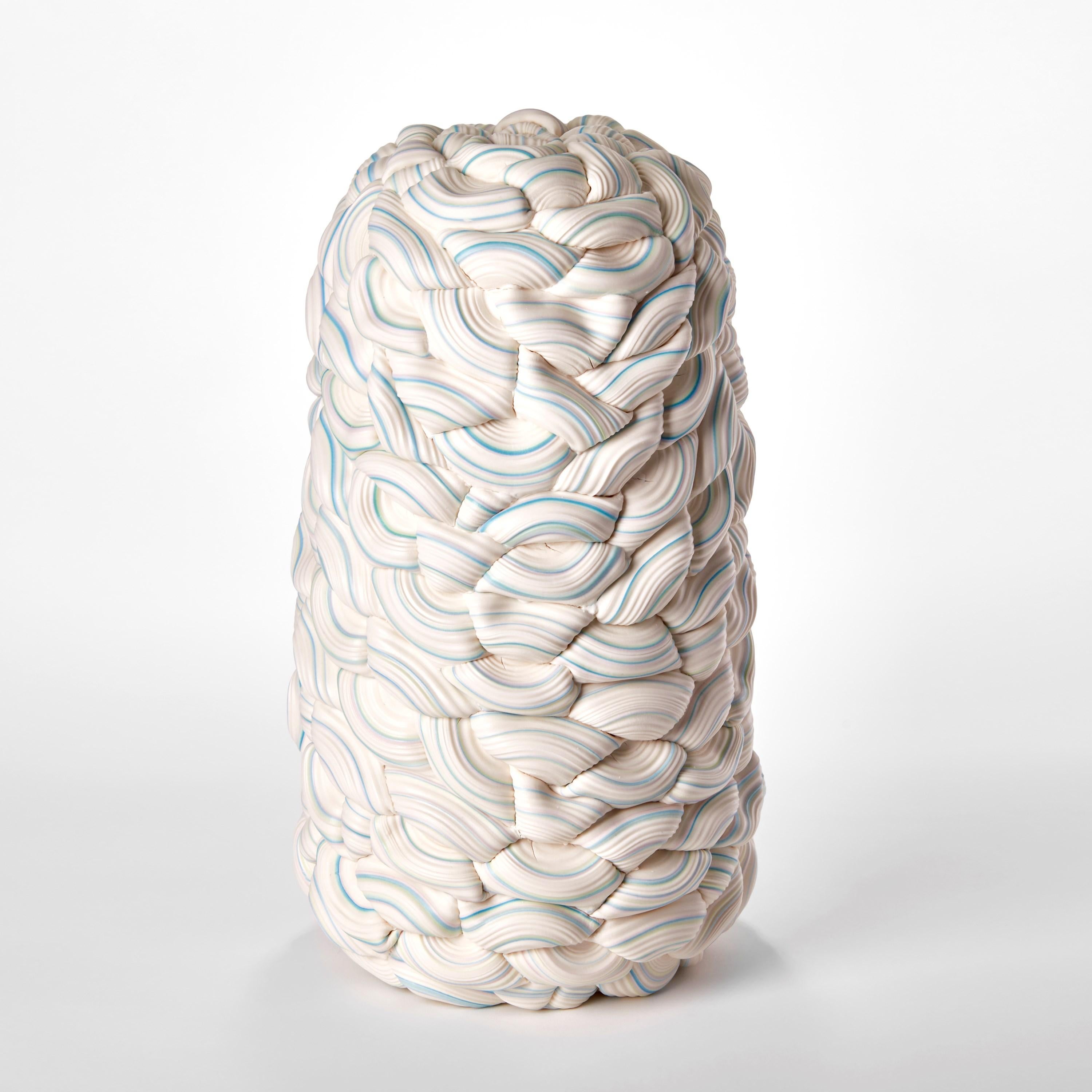 Organic Modern Striped Symmetry Fold III, aqua, jade & white porcelain vessel by Steven Edwards For Sale