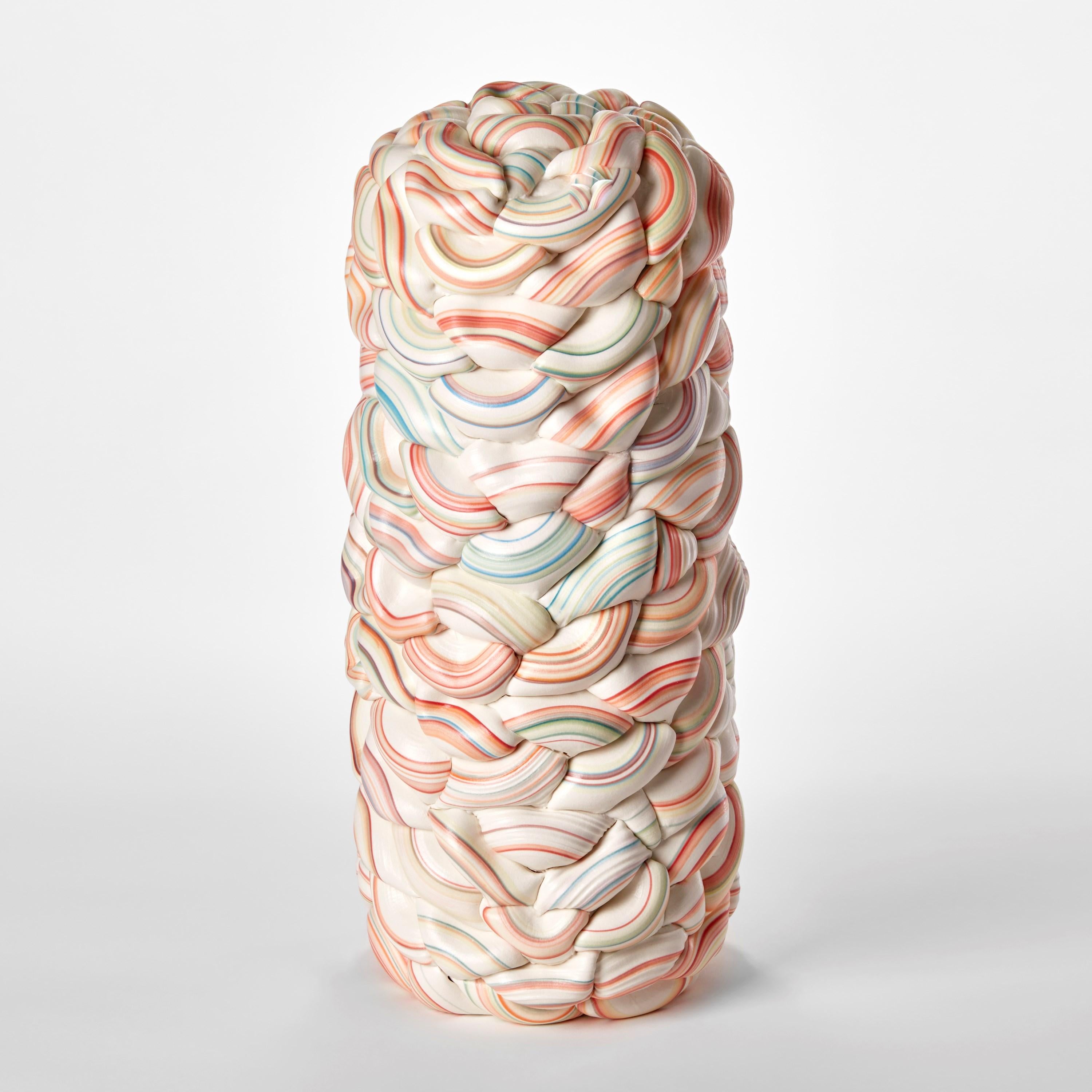 Organic Modern Striped Symmetry Fold IV, woven candy cane porcelain vessel by Steven Edwards For Sale