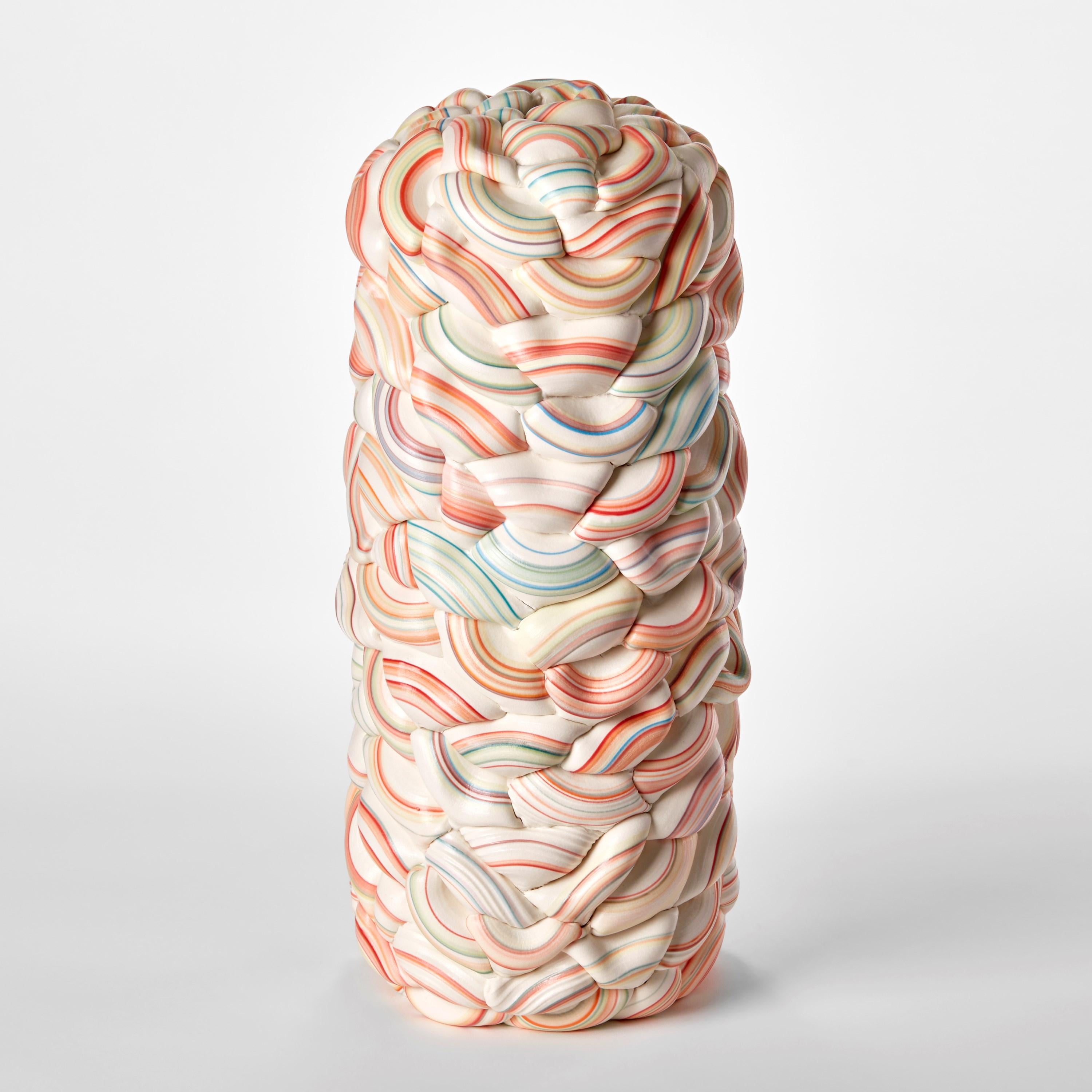 Hand-Crafted Striped Symmetry Fold IV, woven candy cane porcelain vessel by Steven Edwards For Sale
