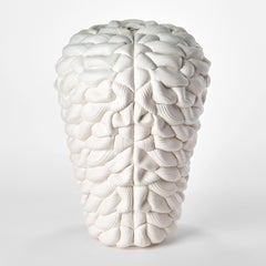 Striped Symmetry Fold V, white & aqua parian porcelain vessel by Steven Edwards