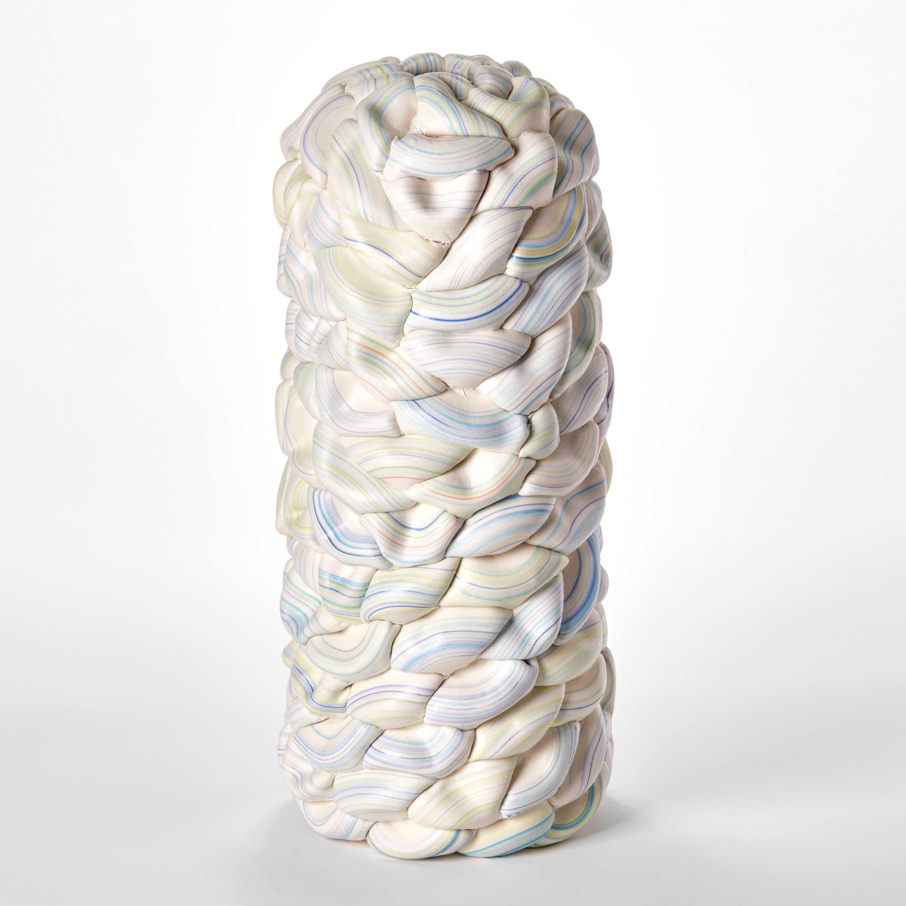 Organic Modern Striped Symmetry Fold VI, white, blue & yellow ceramic vessel by Steven Edwards For Sale