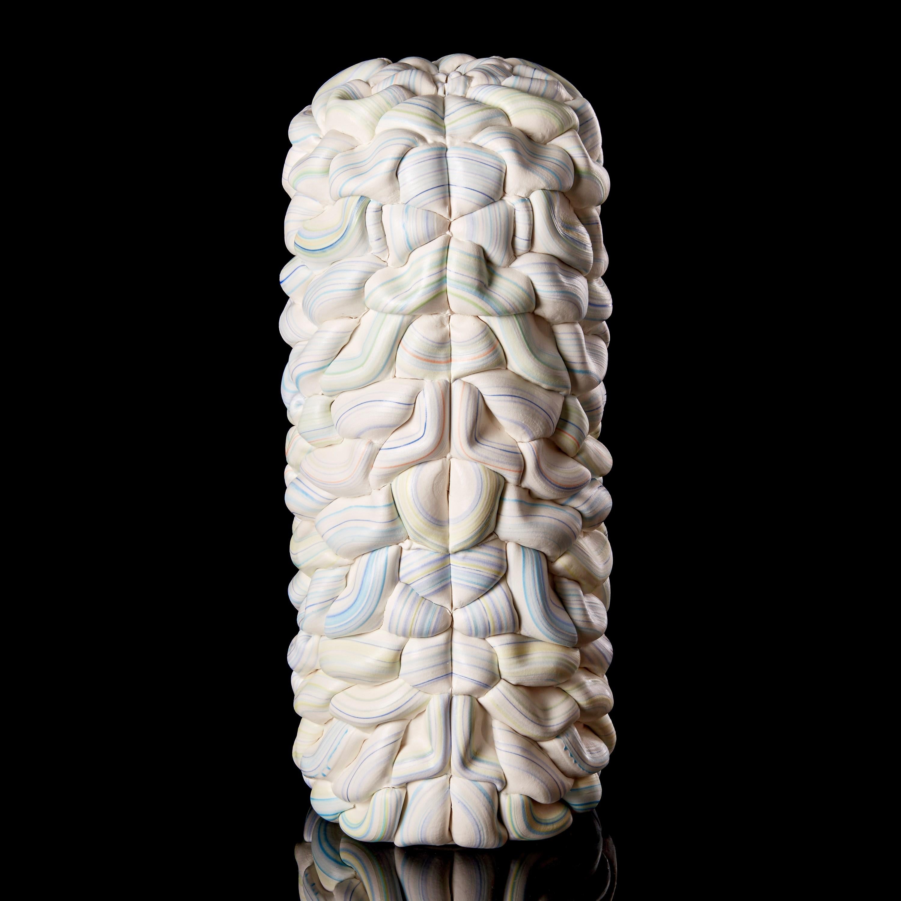 Contemporary Striped Symmetry Fold VI, white, blue & yellow ceramic vessel by Steven Edwards For Sale