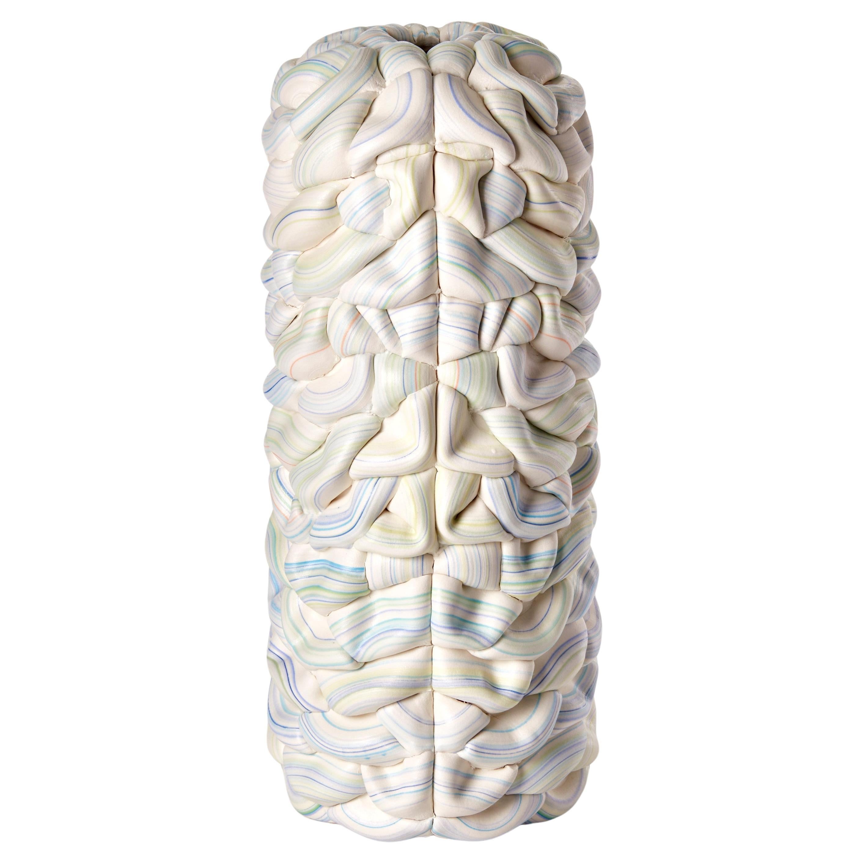 Striped Symmetry Fold VI, white, blue & yellow ceramic vessel by Steven Edwards For Sale