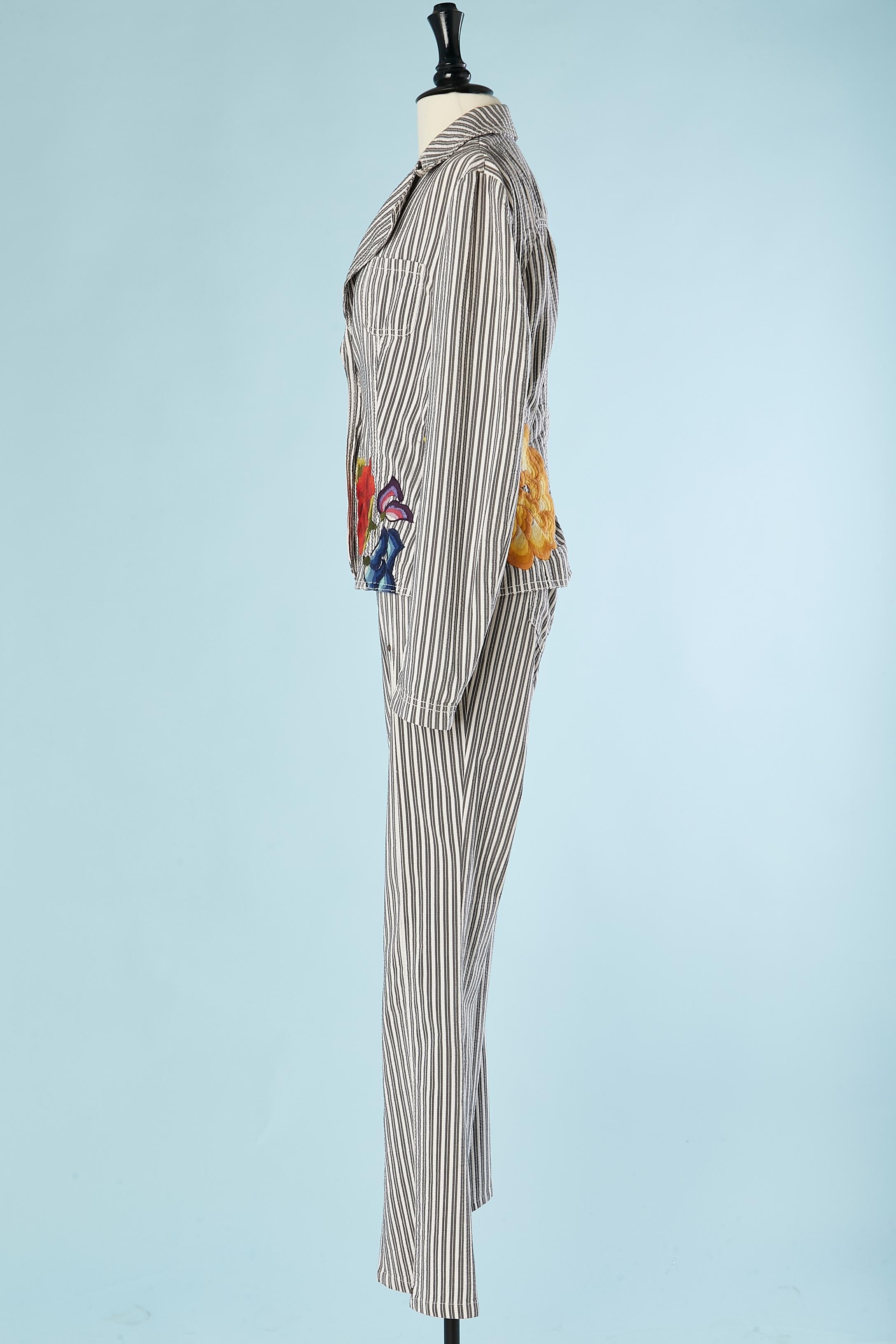Women's Striped trousers pant suit with threads flowers embroideries GF Ferré  For Sale