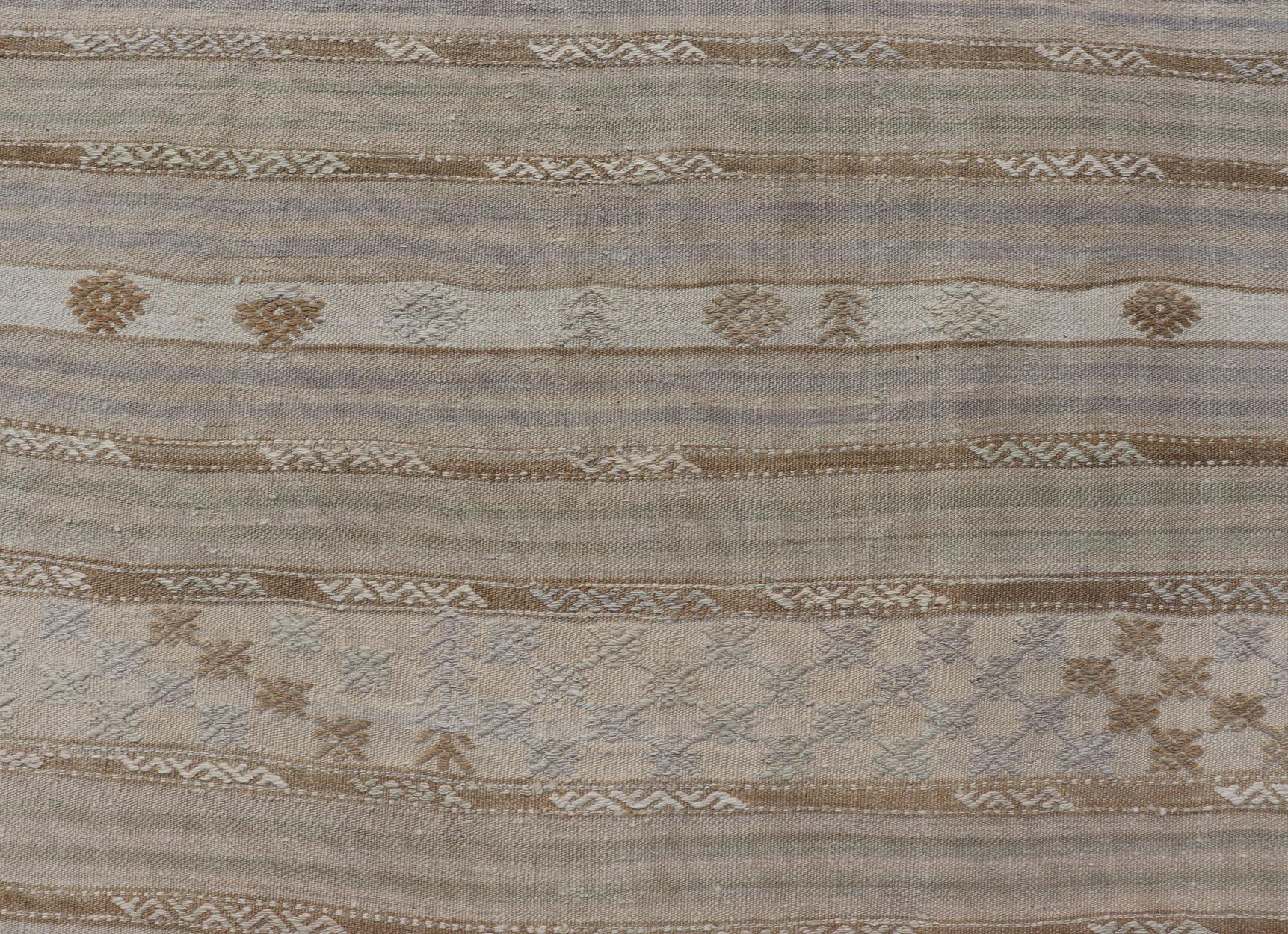 Striped Turkish Flat-Weave Kilim in Muted Colors and Tribal Motifs For Sale 5