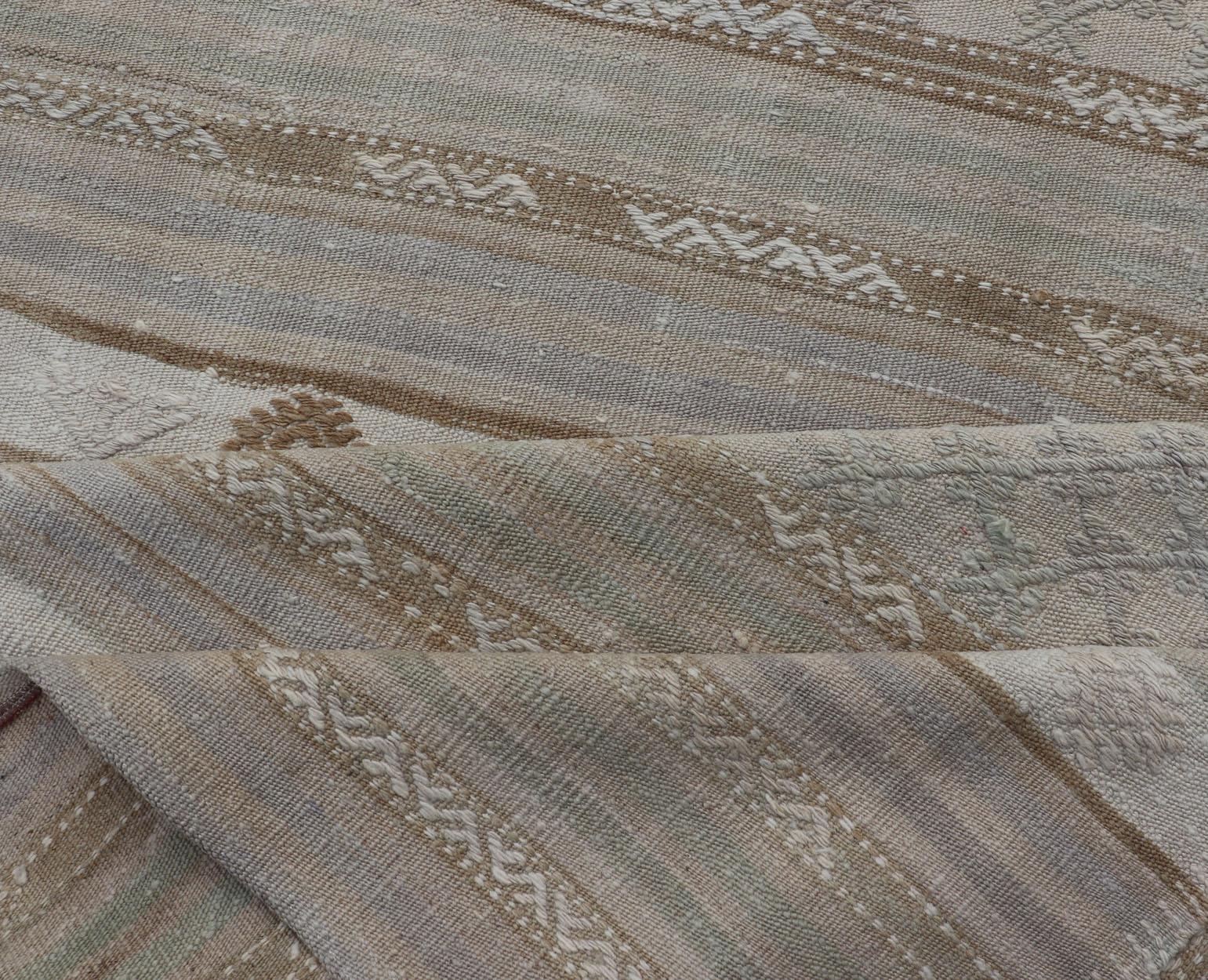 Striped Turkish Flat-Weave Kilim in Muted Colors and Tribal Motifs For Sale 1