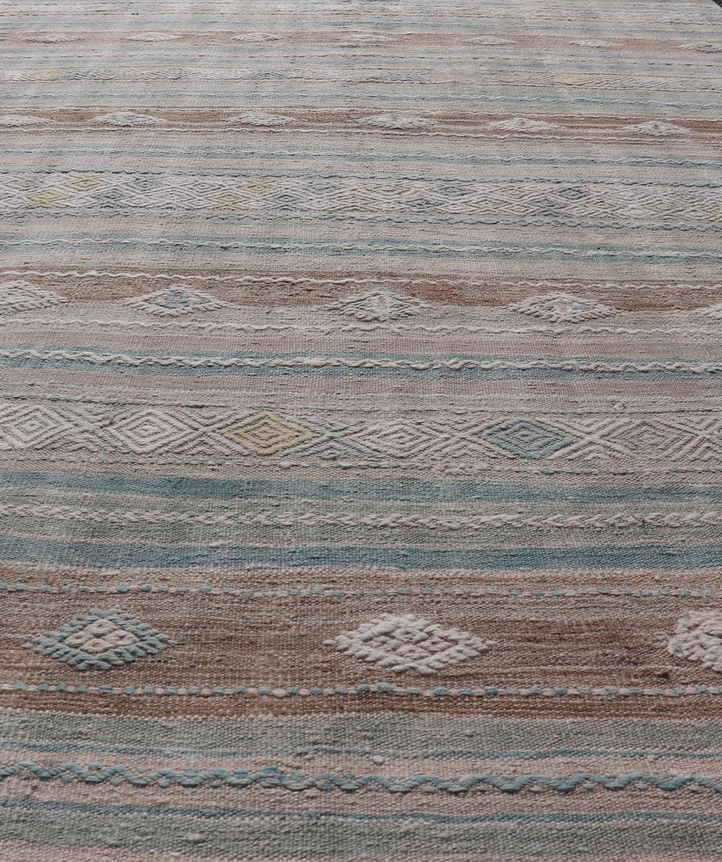 20th Century Striped Turkish Hand Woven Flat-Weave Kilim in Muted Colors and Tribal Motifs For Sale