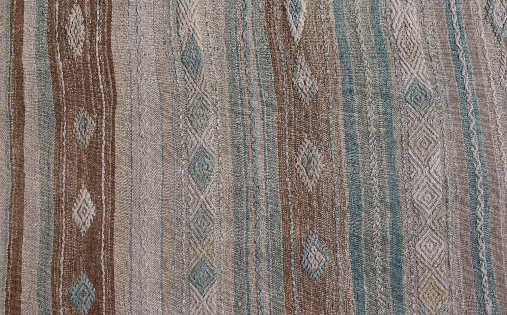 Striped Turkish Hand Woven Flat-Weave Kilim in Muted Colors and Tribal Motifs For Sale 2
