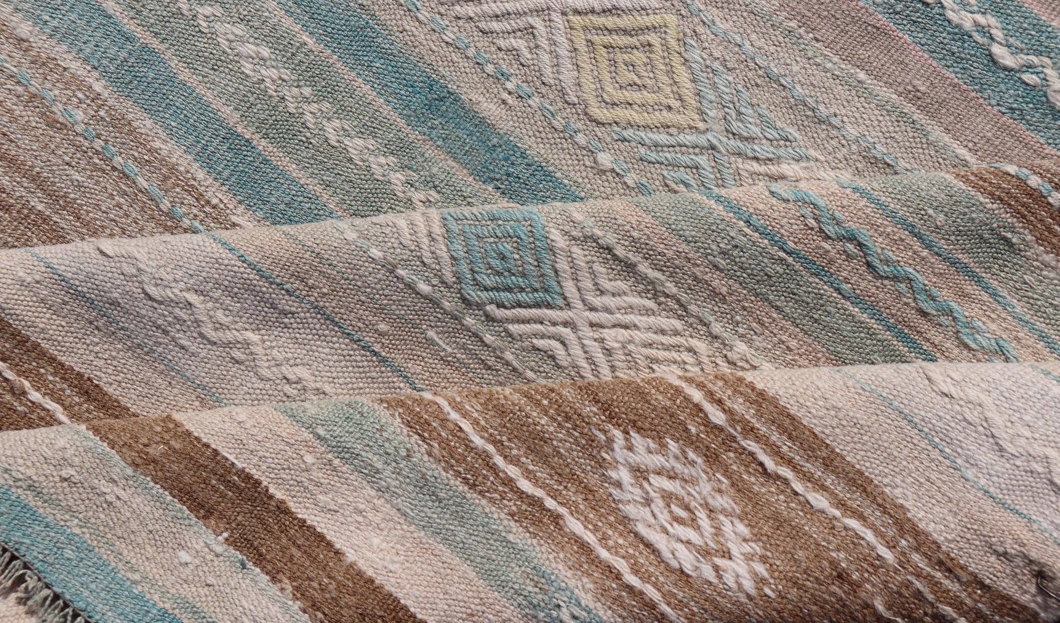 Striped Turkish Hand Woven Flat-Weave Kilim in Muted Colors and Tribal Motifs For Sale 3