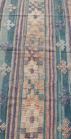 Striped Turkish Vintage Flat-Weave Rug In Light Green, Purple, & Peach 2'6 x 5'6