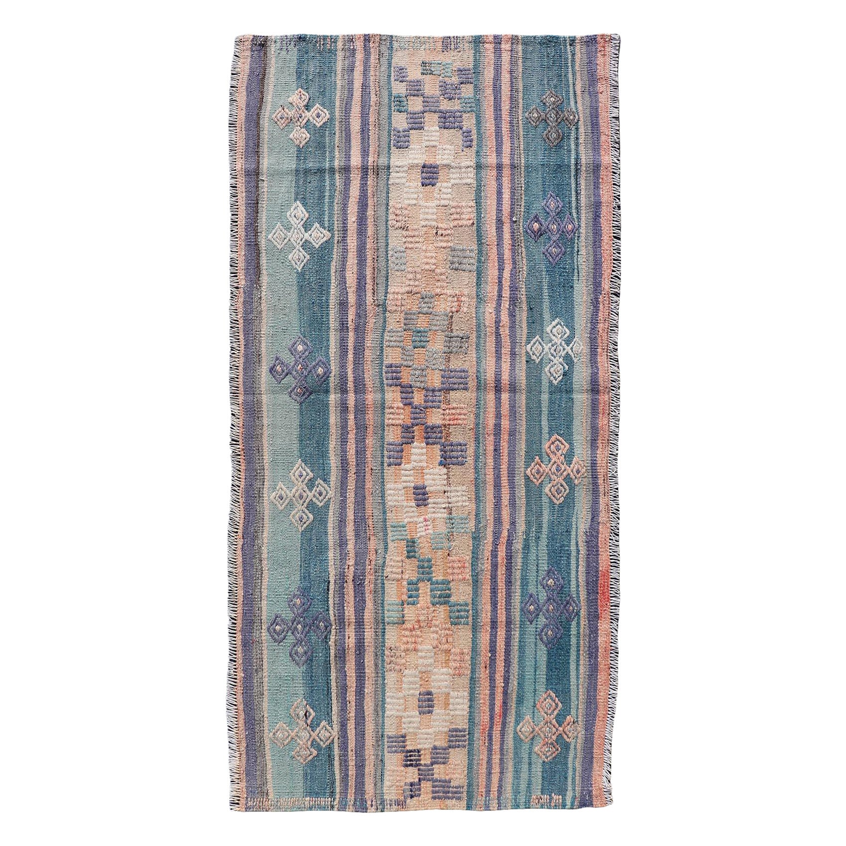 Tappeto turco vintage a righe a tessitura piatta in verde chiaro, viola e pesca 2
6 x 5
6 in vendita