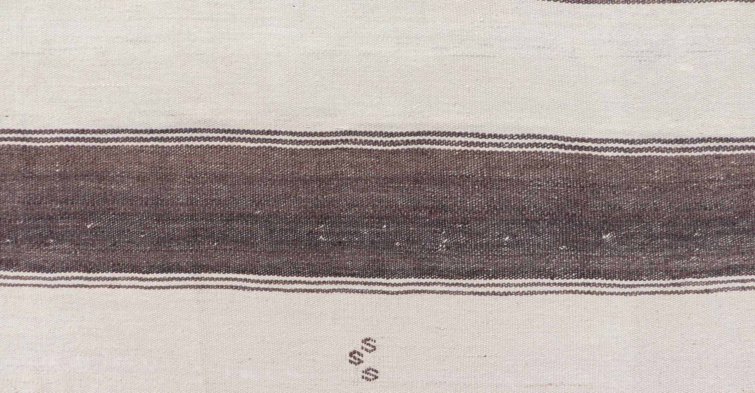Striped Turkish Vintage Kilim Flat-Weave Rug in Brown, Mocha, and Ivory For Sale 4