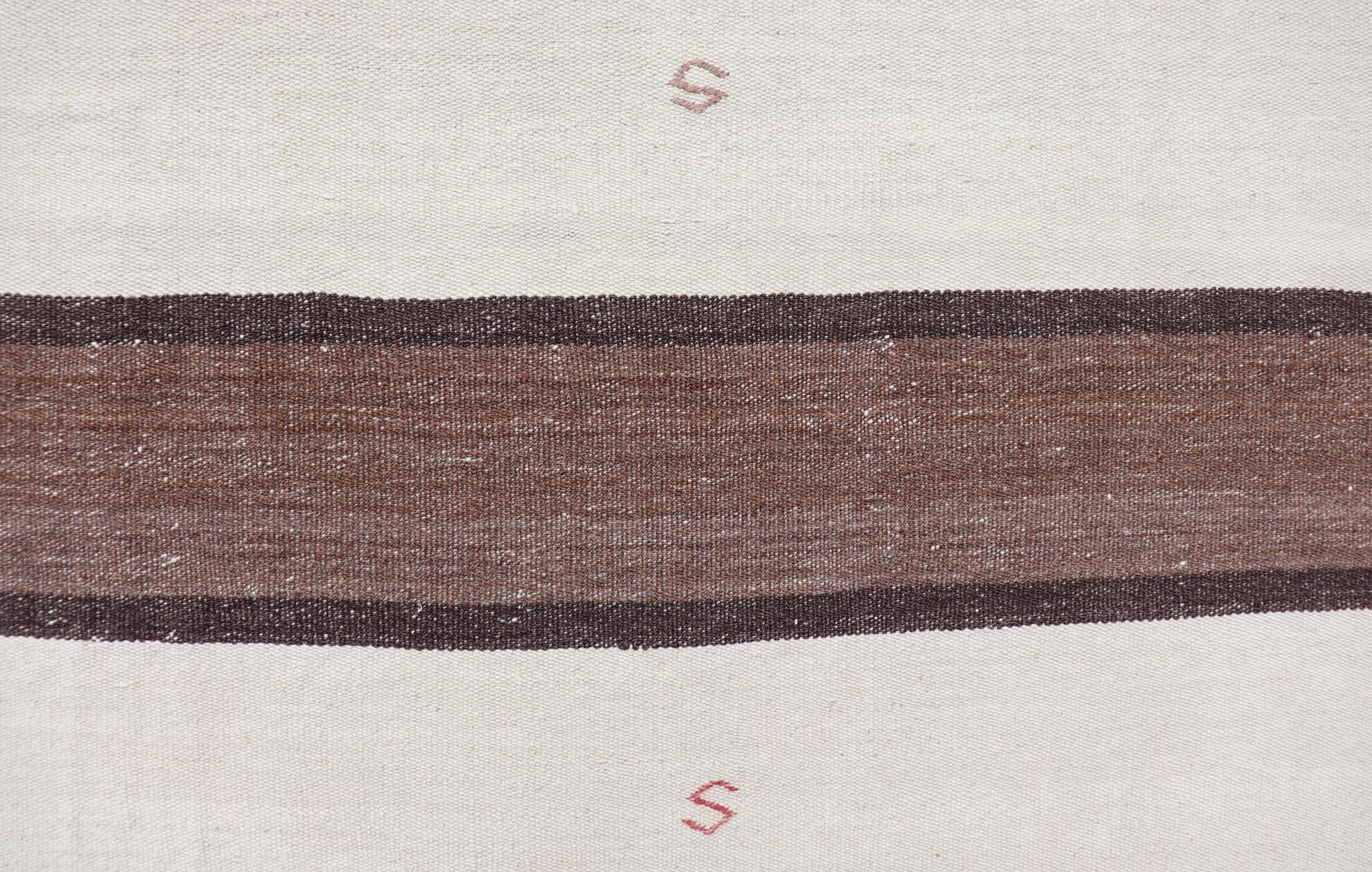 Striped Turkish Vintage Kilim Flat-Weave Rug in Brown, Mocha, and Ivory For Sale 5