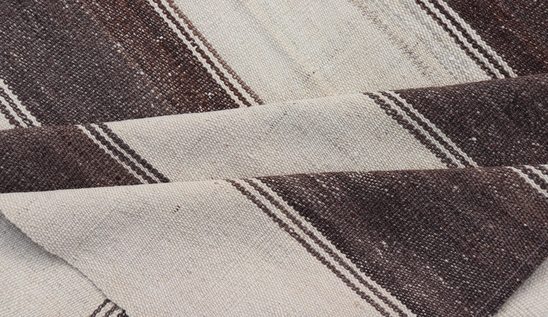 Striped Turkish Vintage Kilim Flat-Weave Rug in Brown, Mocha, and Ivory For Sale 6