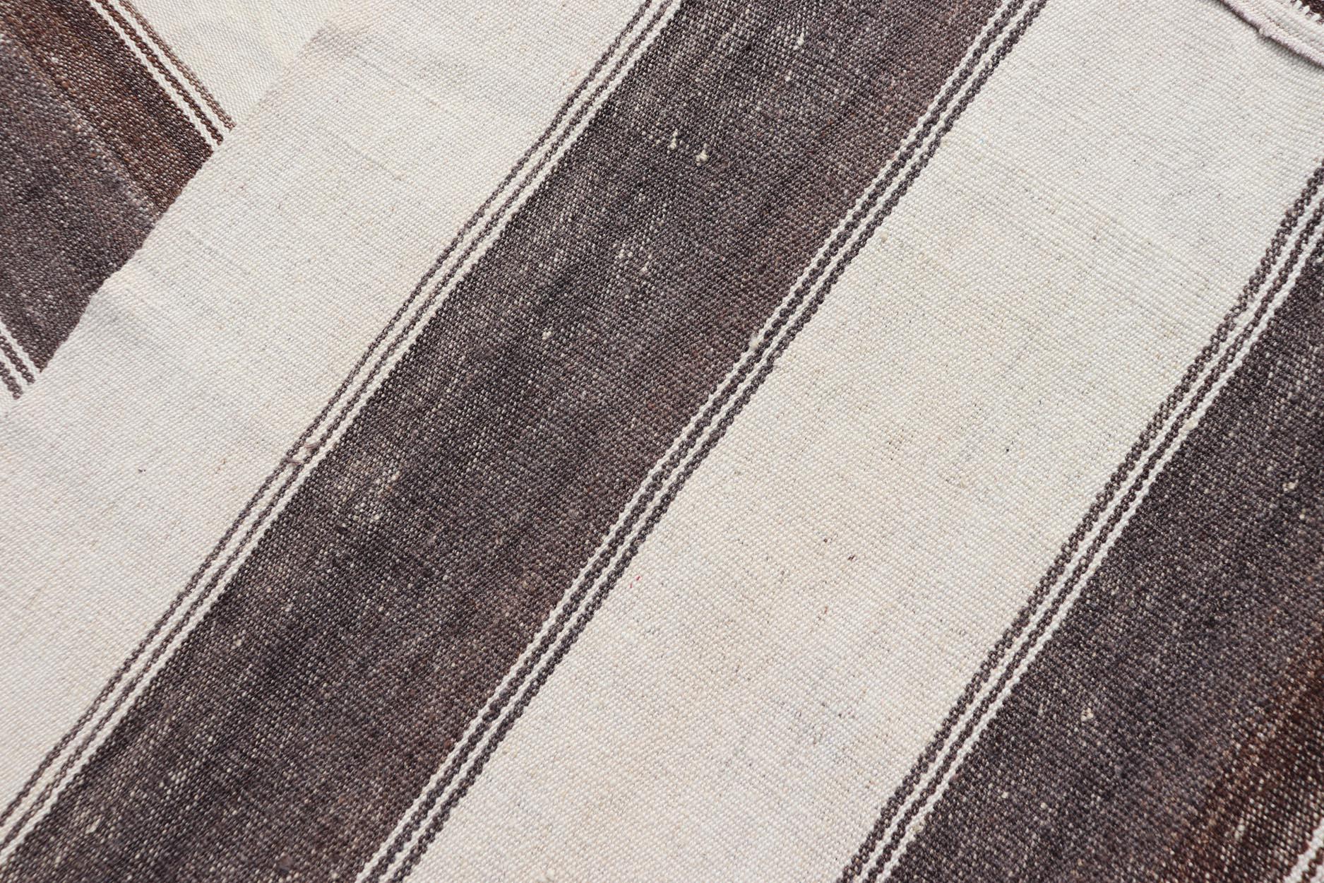Striped Turkish Vintage Kilim Flat-Weave Rug in Brown, Mocha, and Ivory For Sale 7