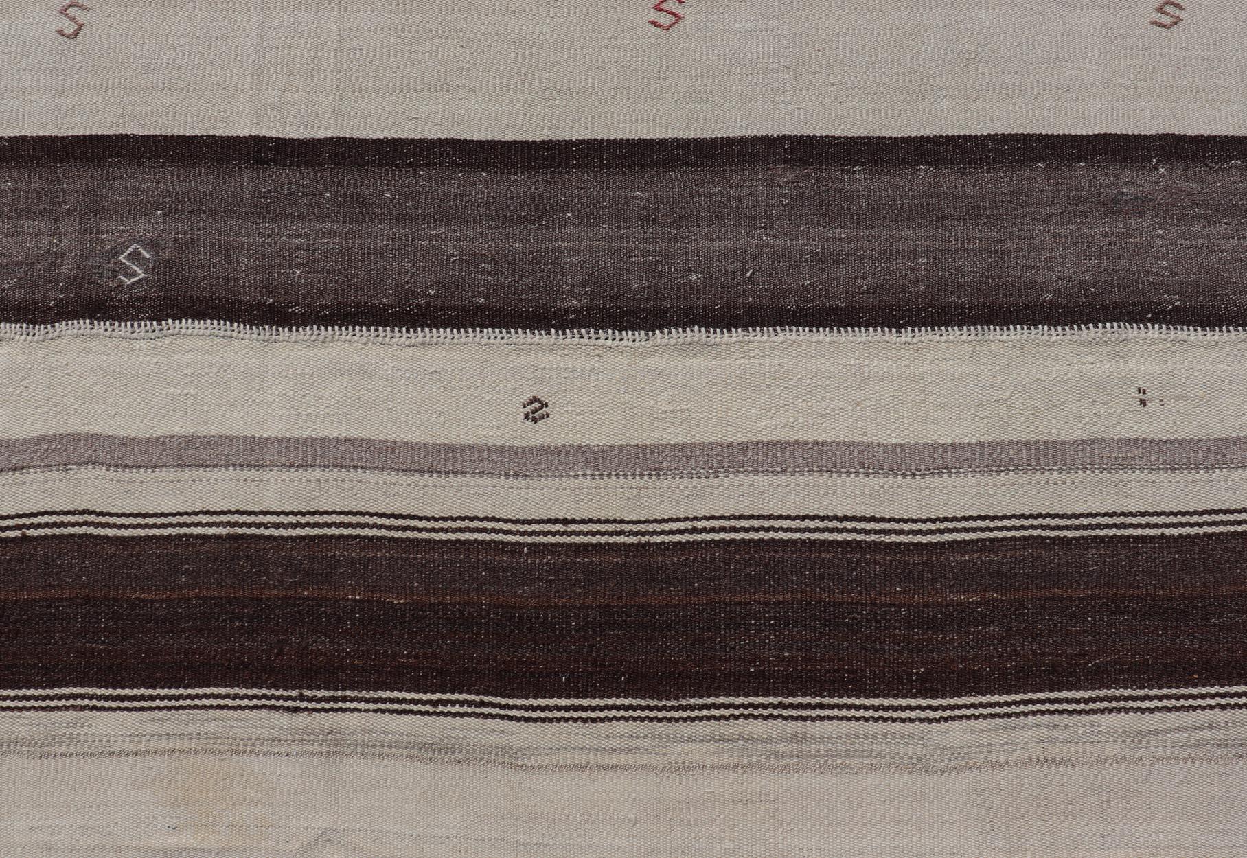 Striped Turkish Vintage Kilim Flat-Weave Rug in Brown, Mocha, and Ivory For Sale 1