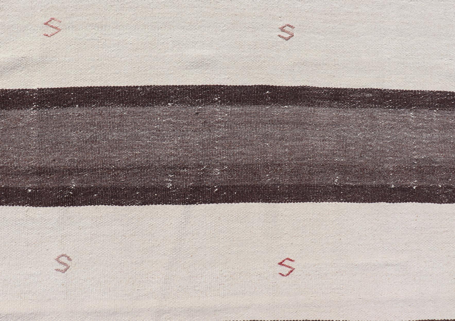 Striped Turkish Vintage Kilim Flat-Weave Rug in Brown, Mocha, and Ivory For Sale 2