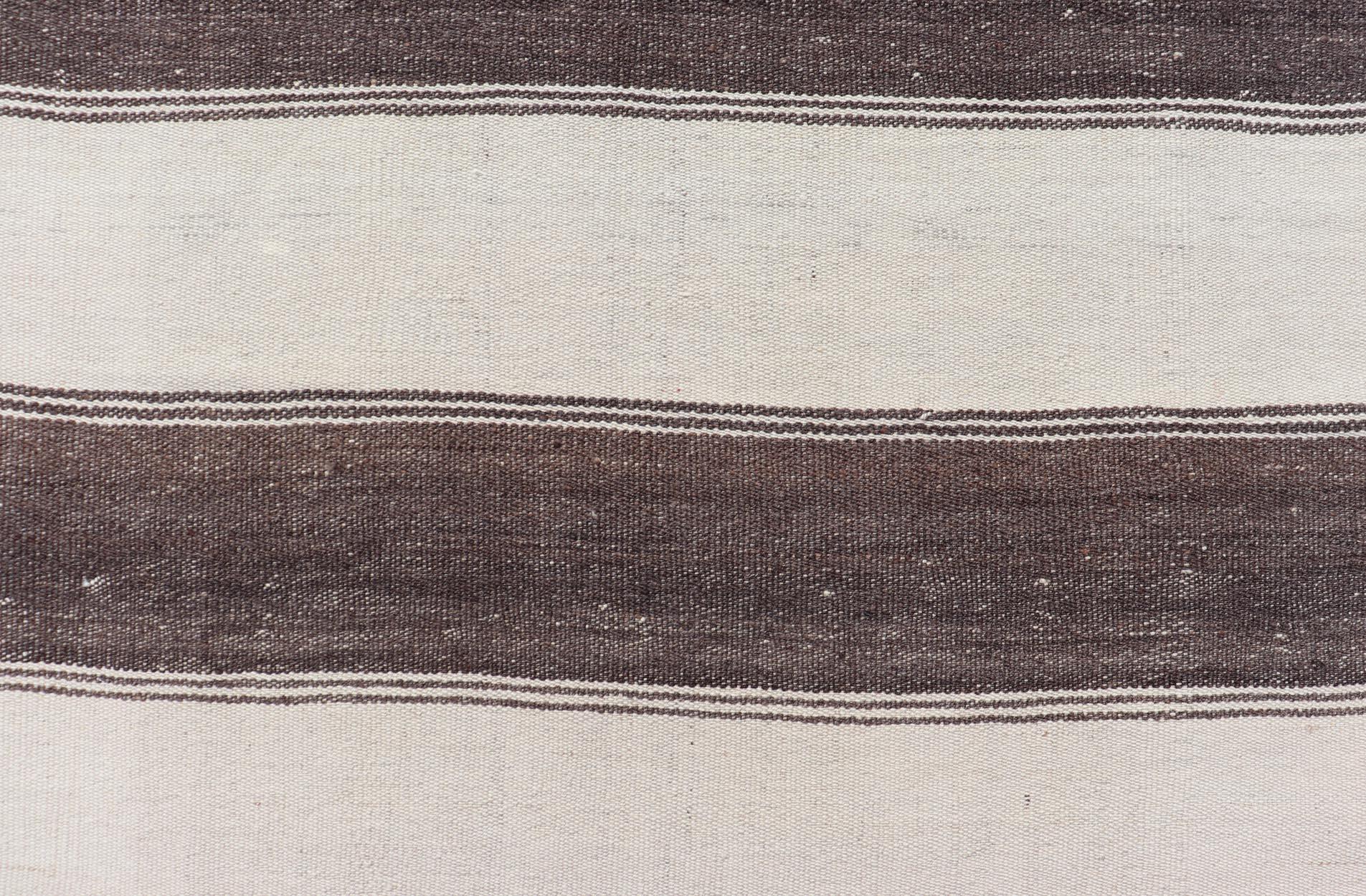 Striped Turkish Vintage Kilim Flat-Weave Rug in Brown, Mocha, and Ivory For Sale 3