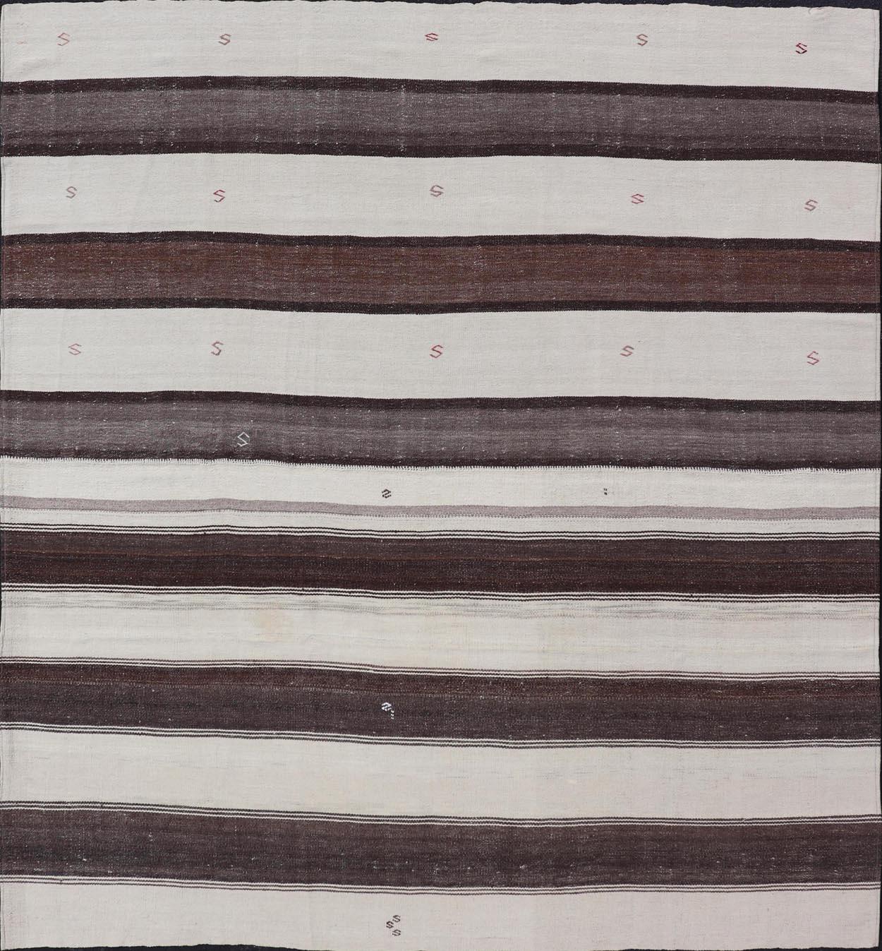 Striped Turkish Vintage Kilim Flat-Weave Rug in Brown, Mocha, and Ivory