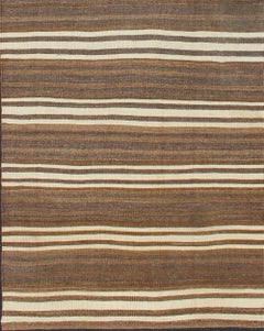 Striped Turkish Vintage Kilim Flat-Weave Rug in Brown's and Ivory