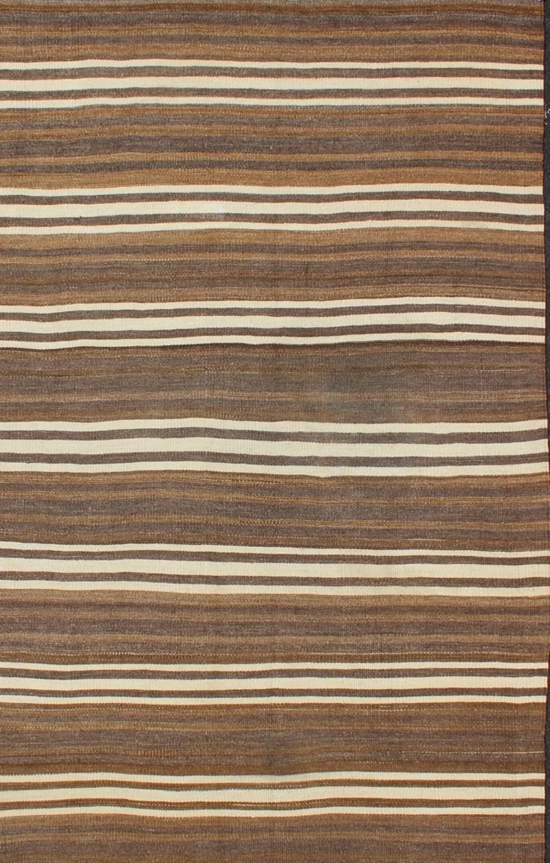 Striped Turkish Vintage Kilim Flat-Weave Rug in Brown's and Ivory In Good Condition For Sale In Atlanta, GA