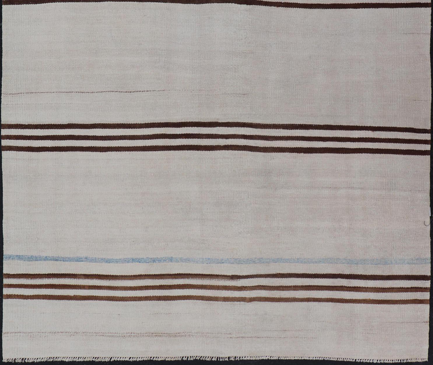 20th Century Striped Turkish Vintage Kilim Flat-Weave Rug in Brown's and Ivory For Sale