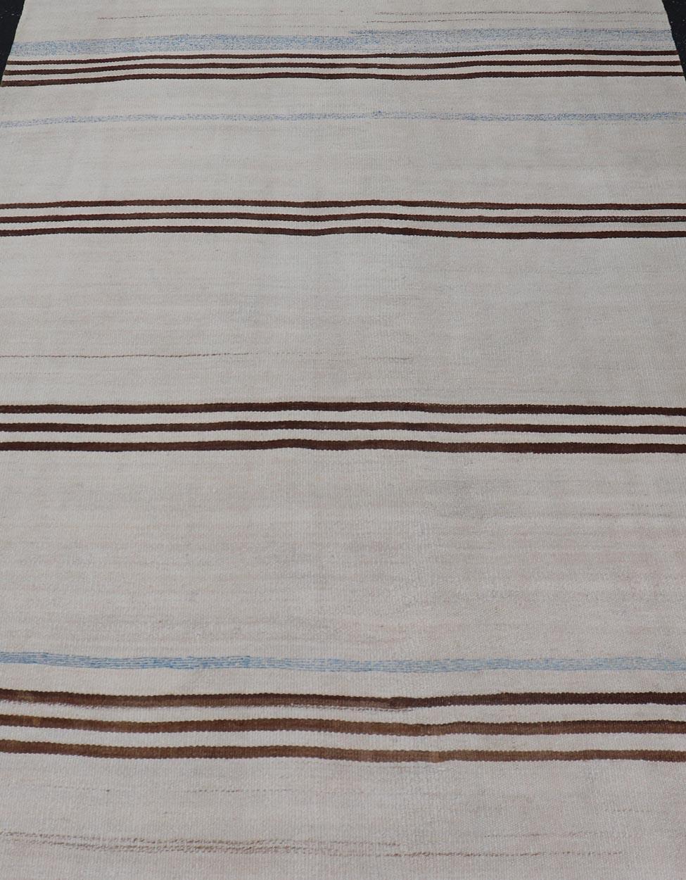 Wool Striped Turkish Vintage Kilim Flat-Weave Rug in Brown's and Ivory For Sale