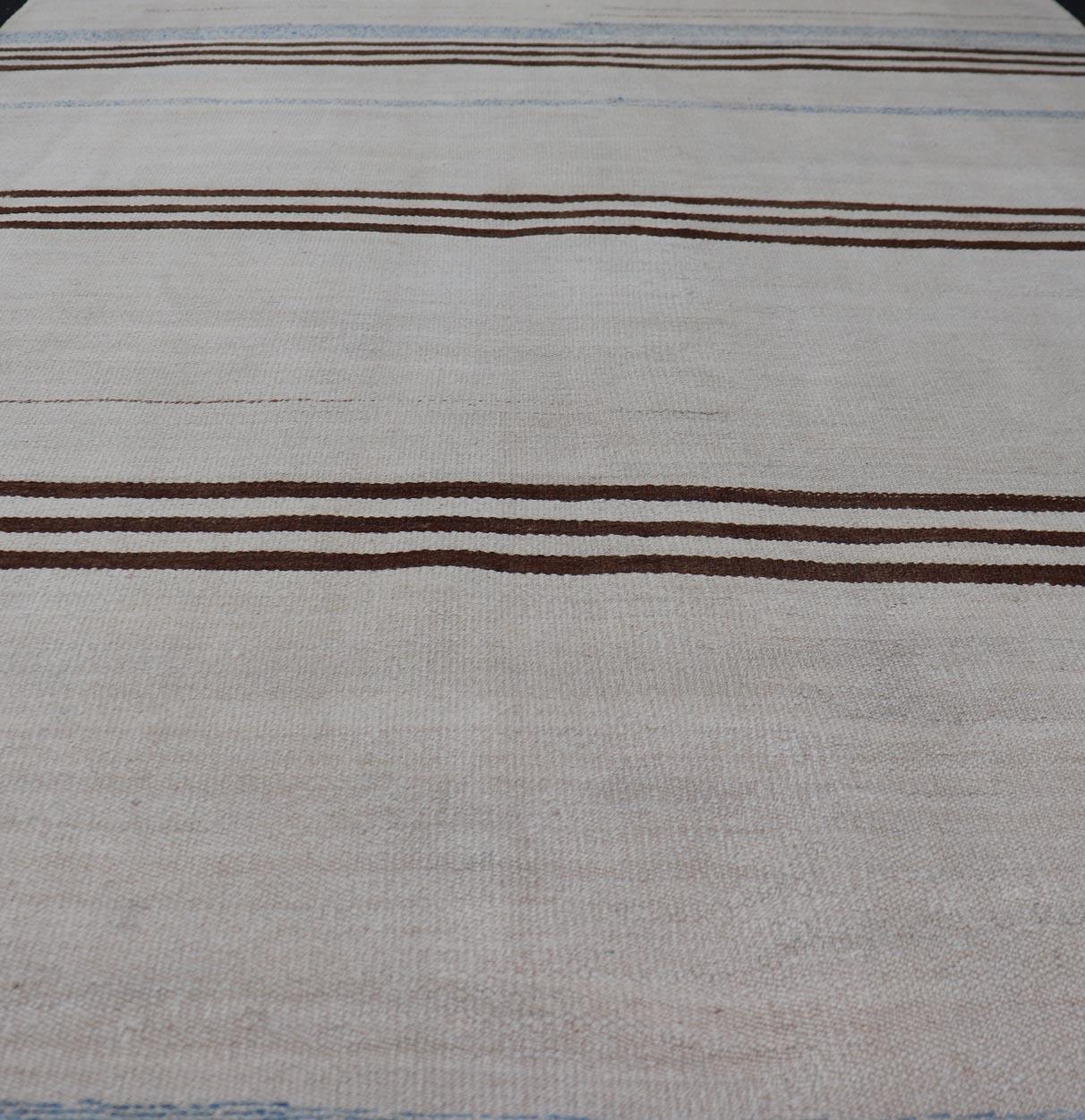 Striped Turkish Vintage Kilim Flat-Weave Rug in Brown's and Ivory For Sale 1