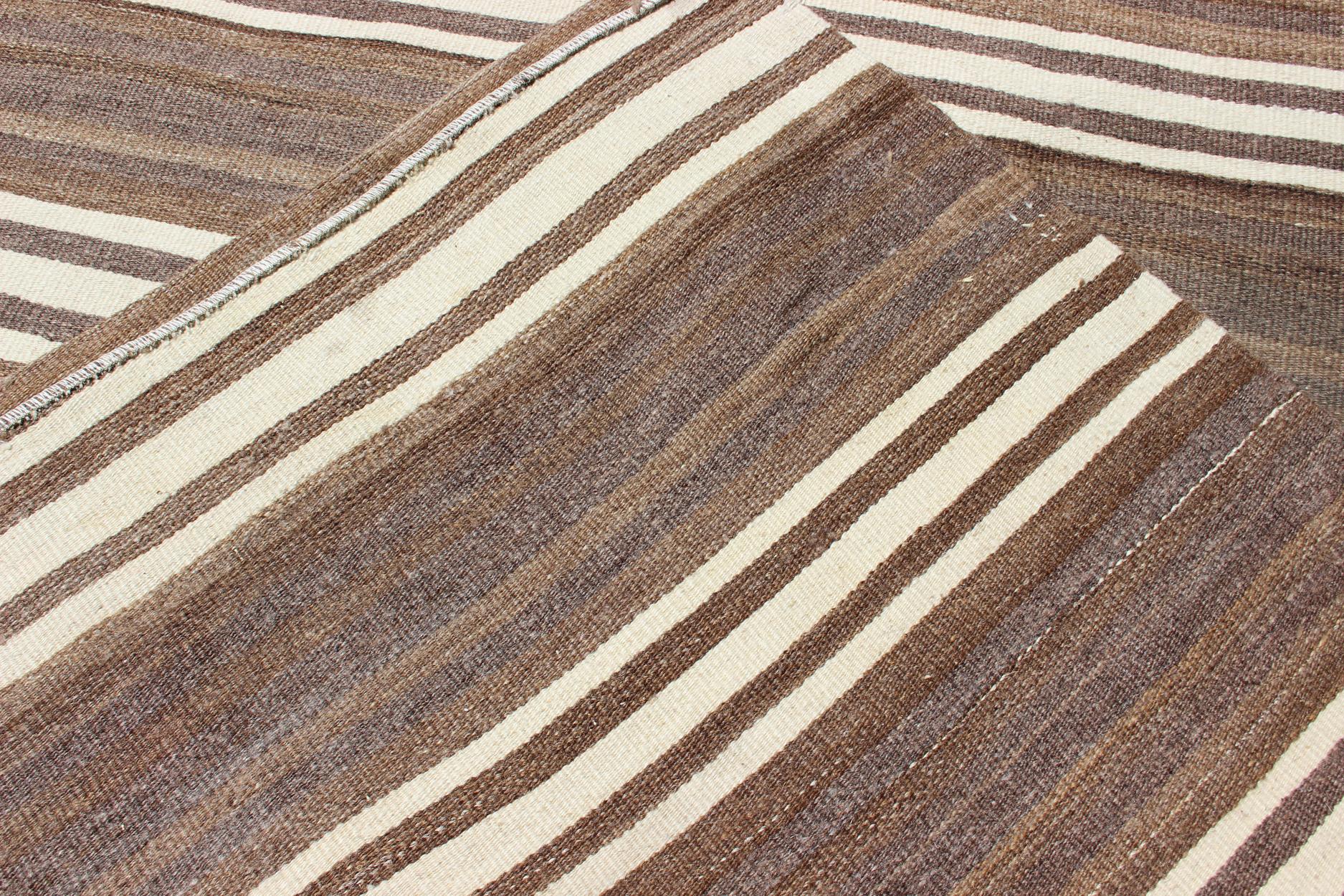 Striped Turkish Vintage Kilim Flat-Weave Rug in Brown's and Ivory For Sale 3