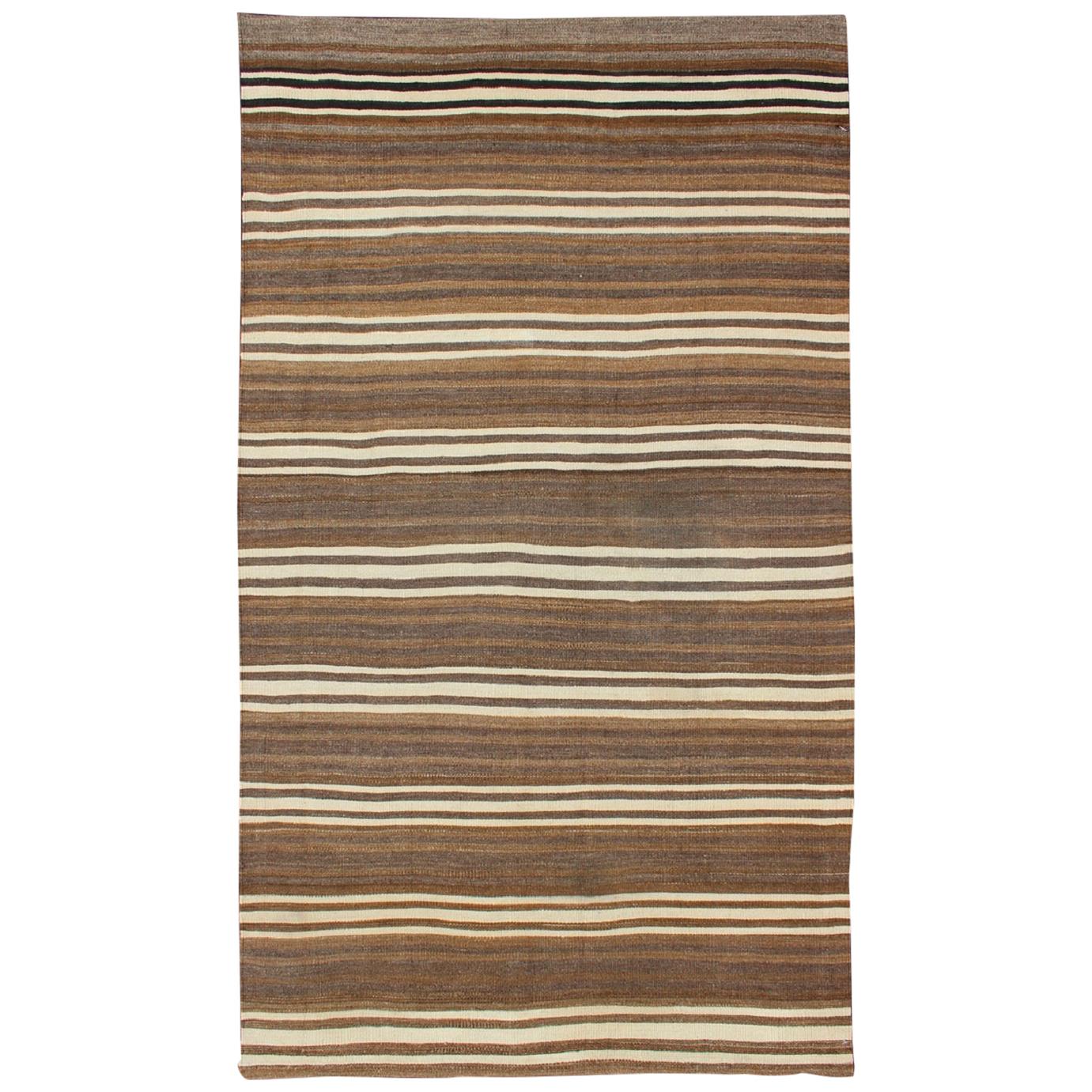 Striped Turkish Vintage Kilim Flat-Weave Rug in Brown's and Ivory