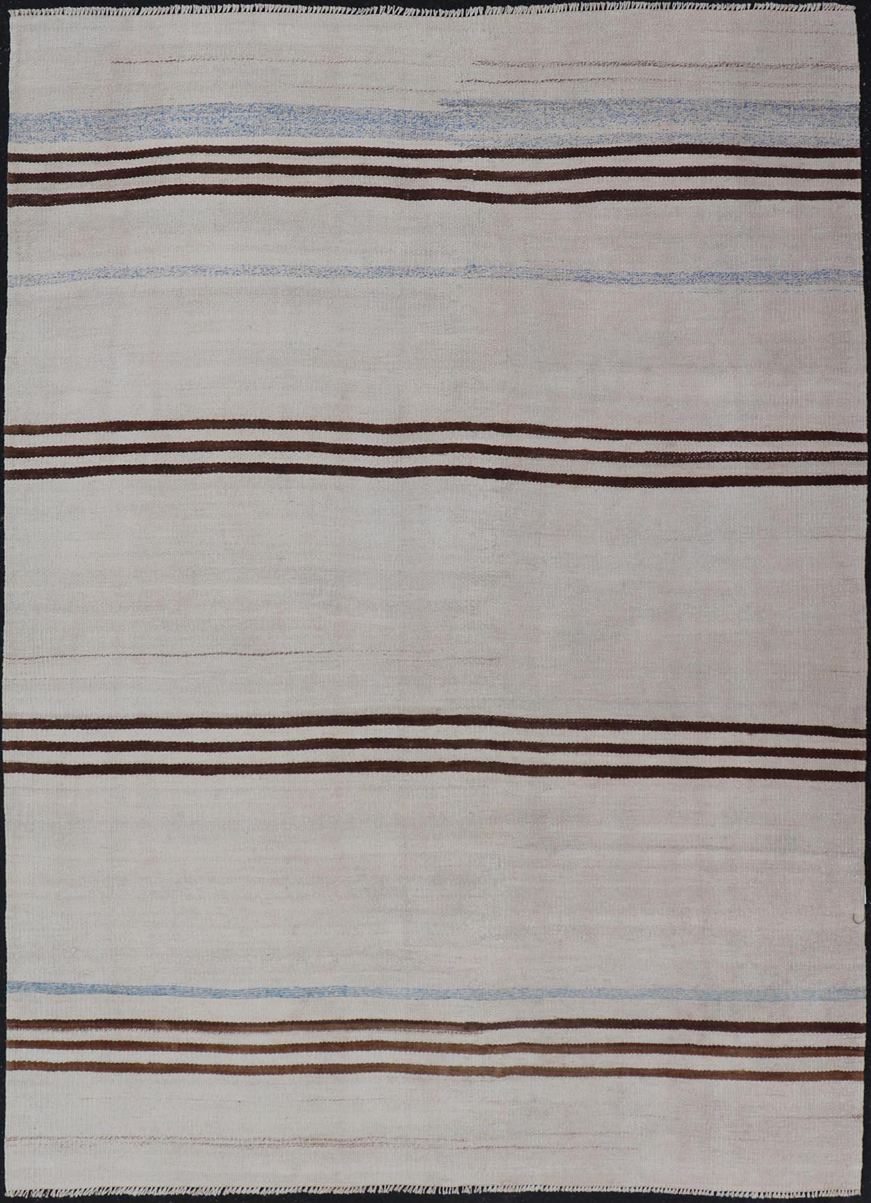 Striped Turkish Vintage Kilim Flat-Weave Rug in Brown's and Ivory For Sale
