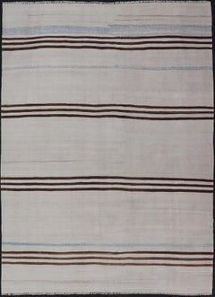 Striped Turkish Vintage Kilim Flat-Weave Rug in Brown's and Ivory