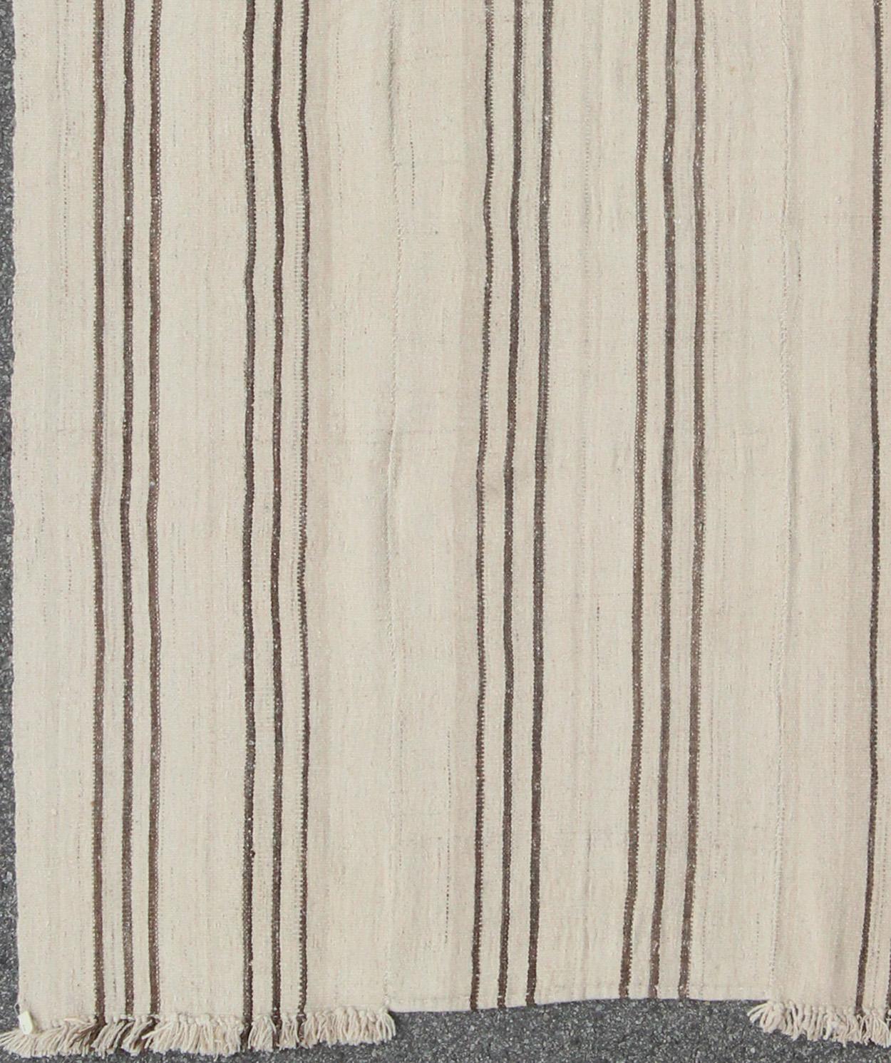 Hand-Woven Striped Turkish Vintage Kilim Flat-Weave Rug in Shades of Browns and Ivory For Sale