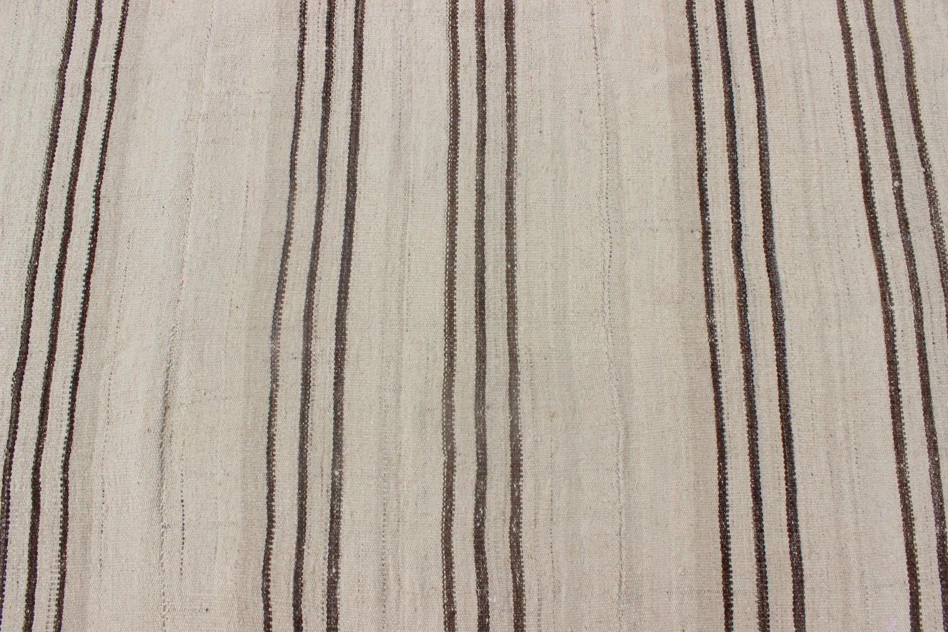 20th Century Striped Turkish Vintage Kilim Flat-Weave Rug in Shades of Browns and Ivory For Sale