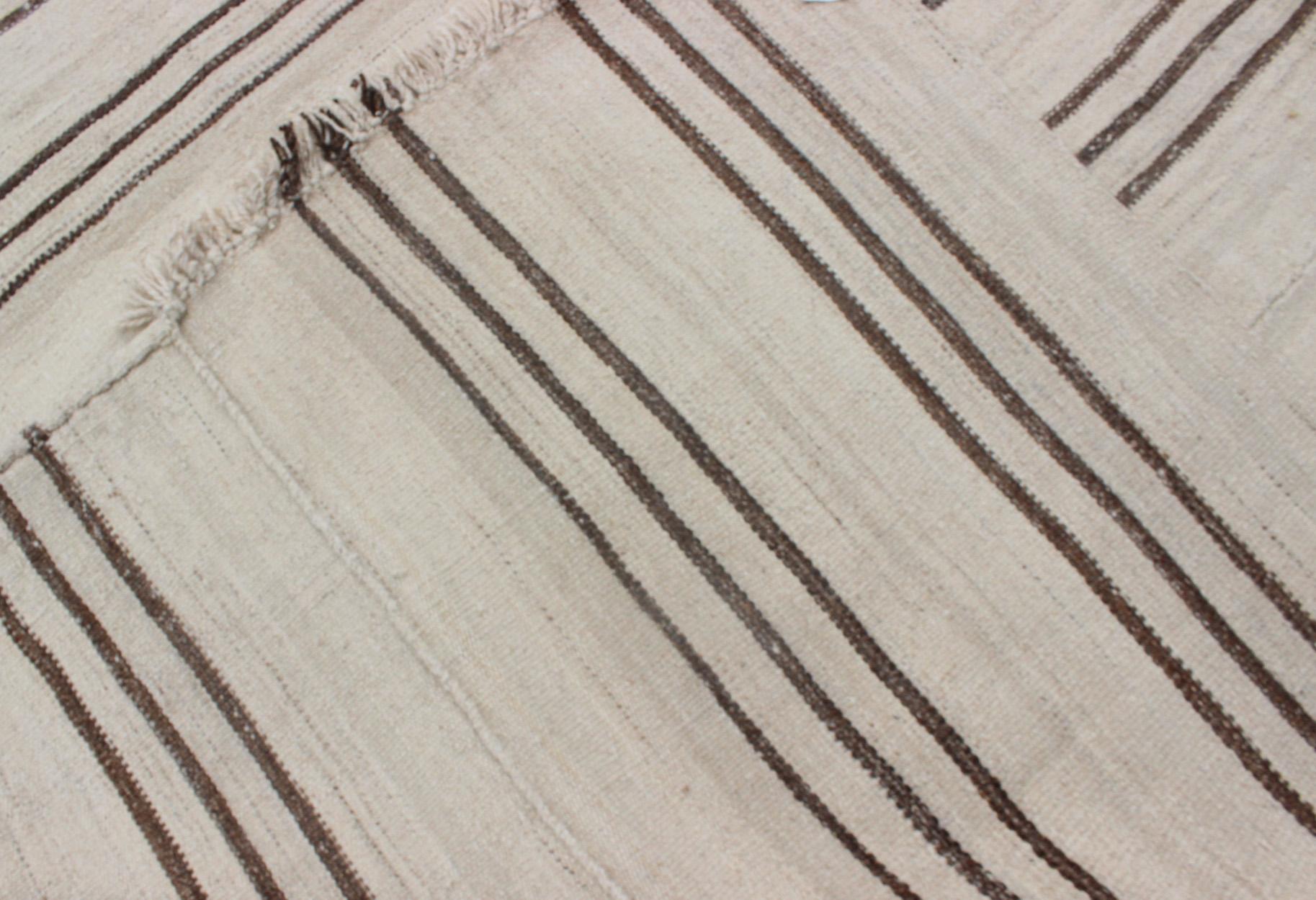 Striped Turkish Vintage Kilim Flat-Weave Rug in Shades of Browns and Ivory For Sale 1