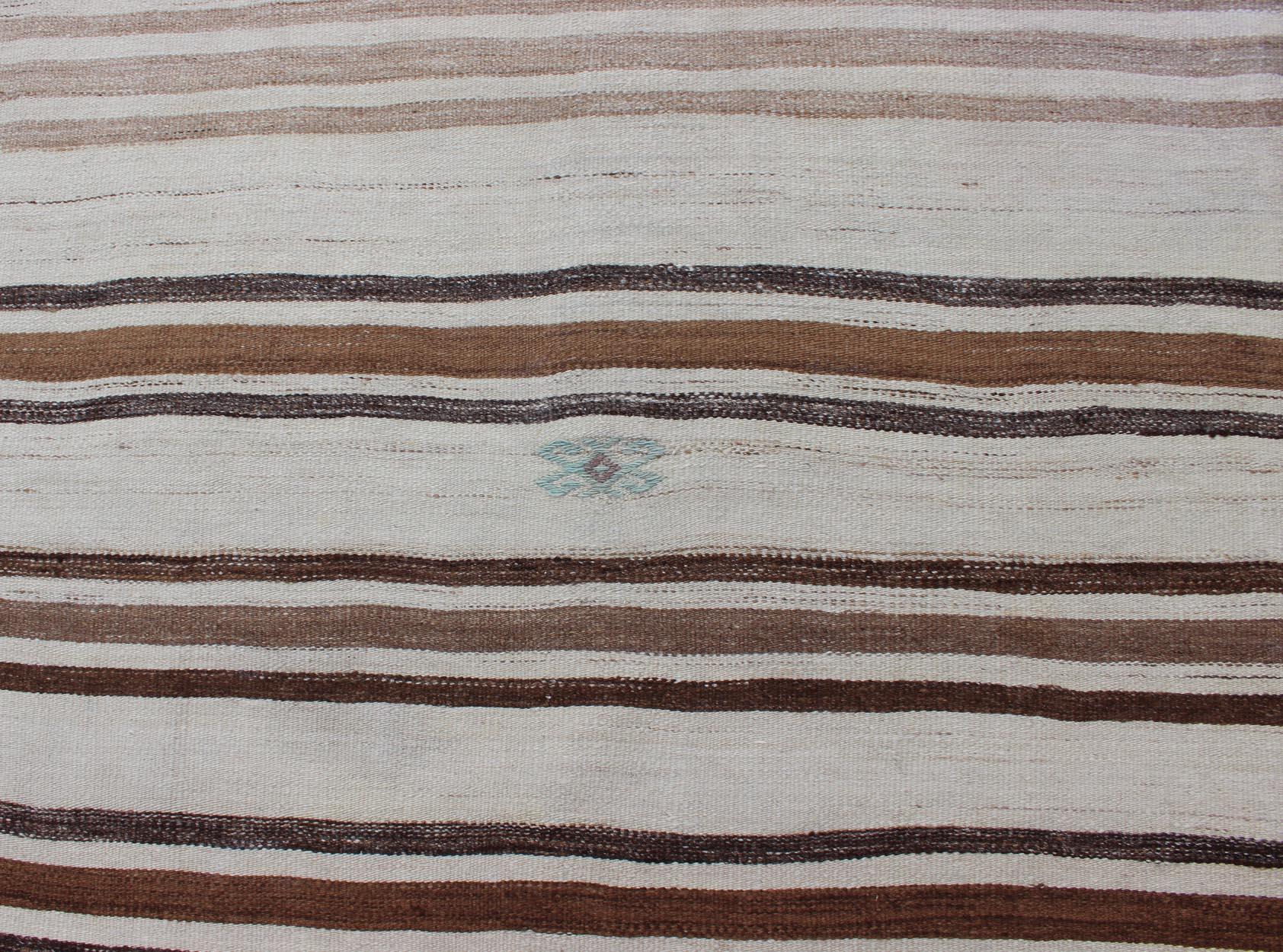 Striped Turkish Vintage Kilim Flat-Weave Rug in Shades of Browns Taupe and Ivory For Sale 4