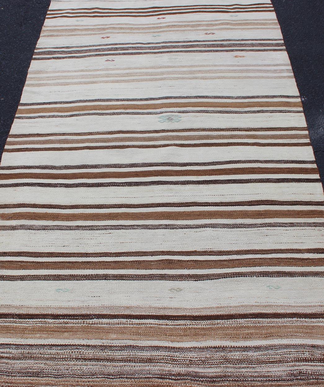 Striped Turkish Vintage Kilim Flat-Weave Rug in Shades of Browns Taupe and Ivory For Sale 5
