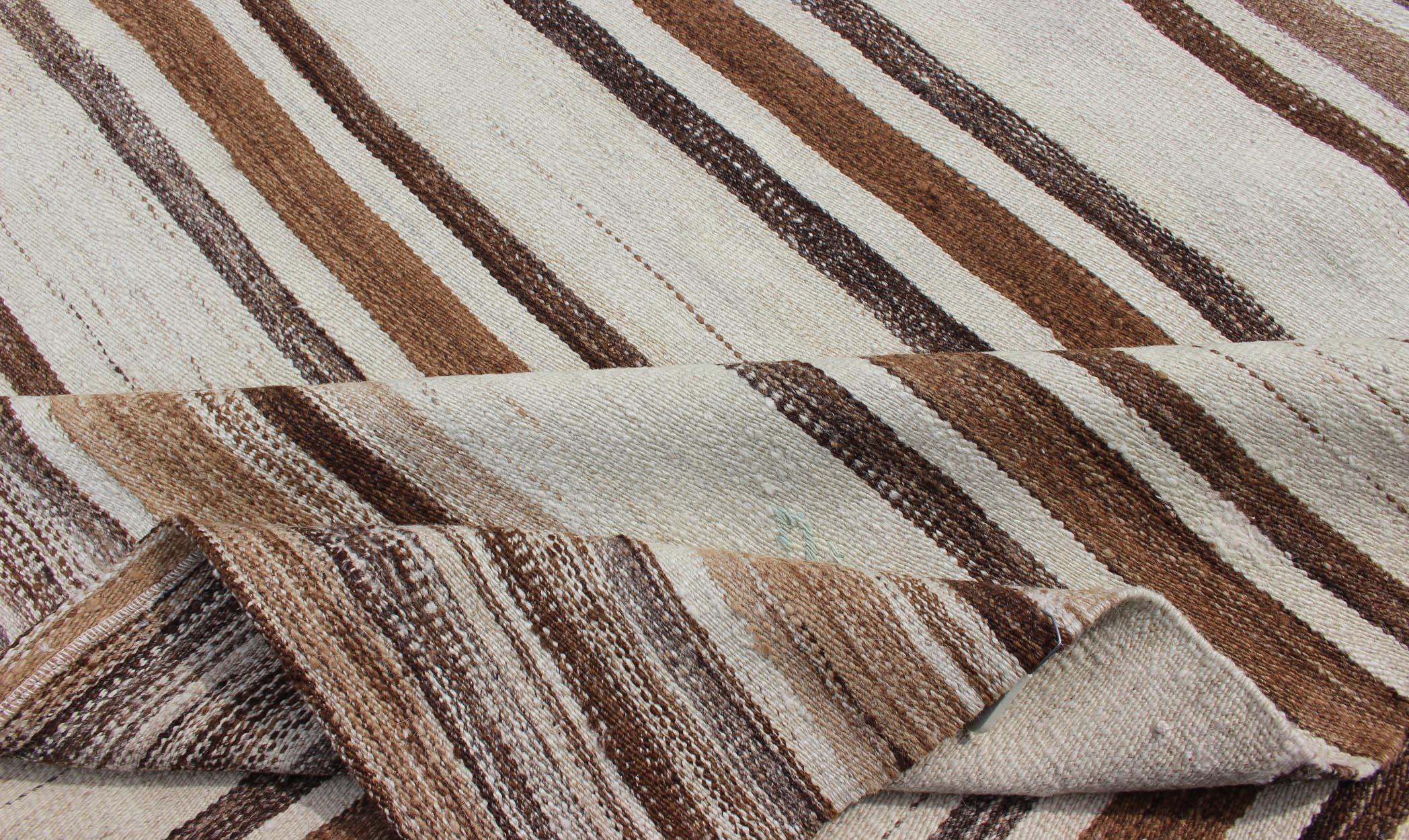 Striped Turkish Vintage Kilim Flat-Weave Rug in Shades of Browns Taupe and Ivory For Sale 6