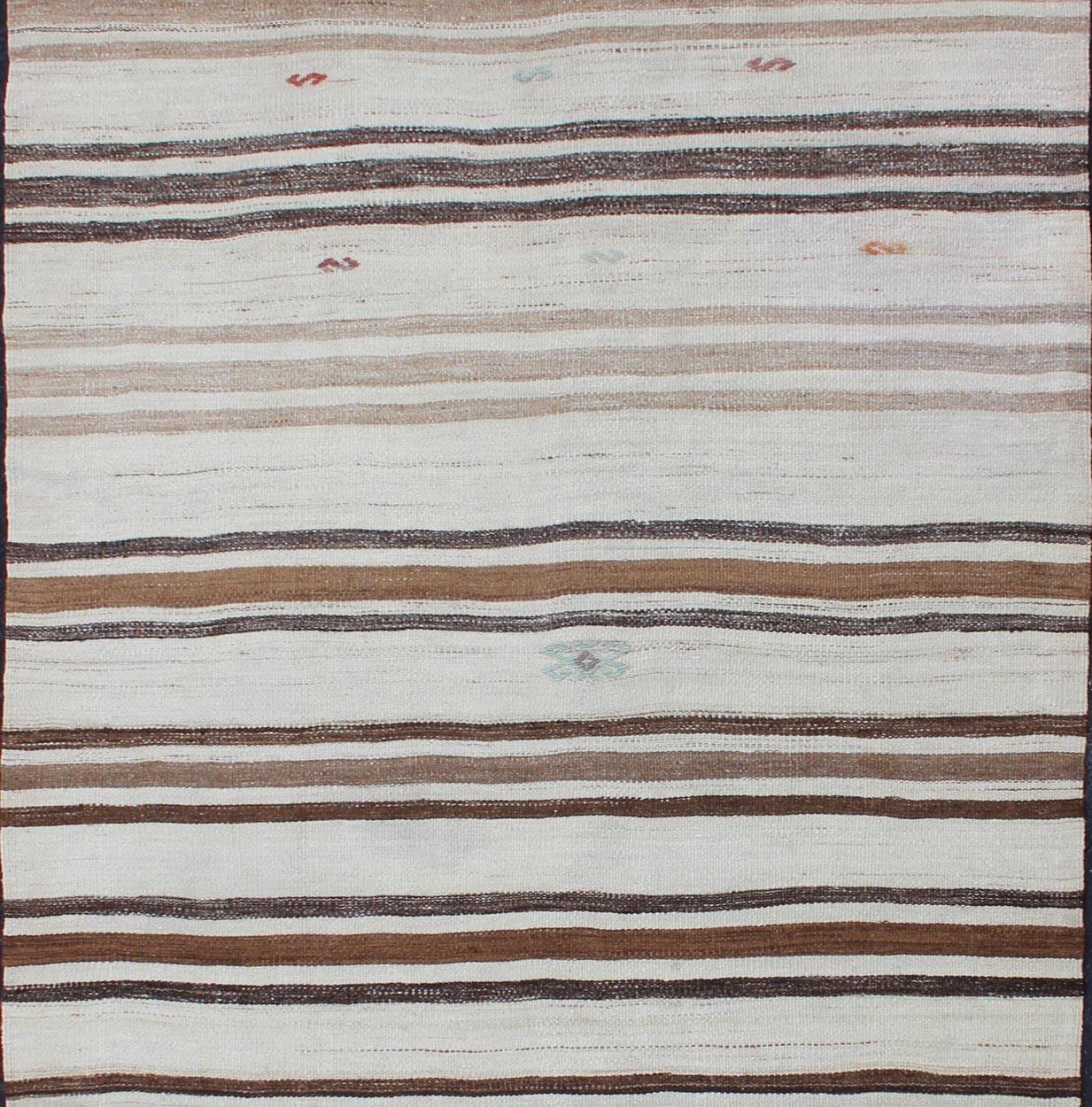 Striped Turkish Vintage Kilim Flat-Weave Rug in Shades of Browns Taupe and Ivory In Good Condition For Sale In Atlanta, GA