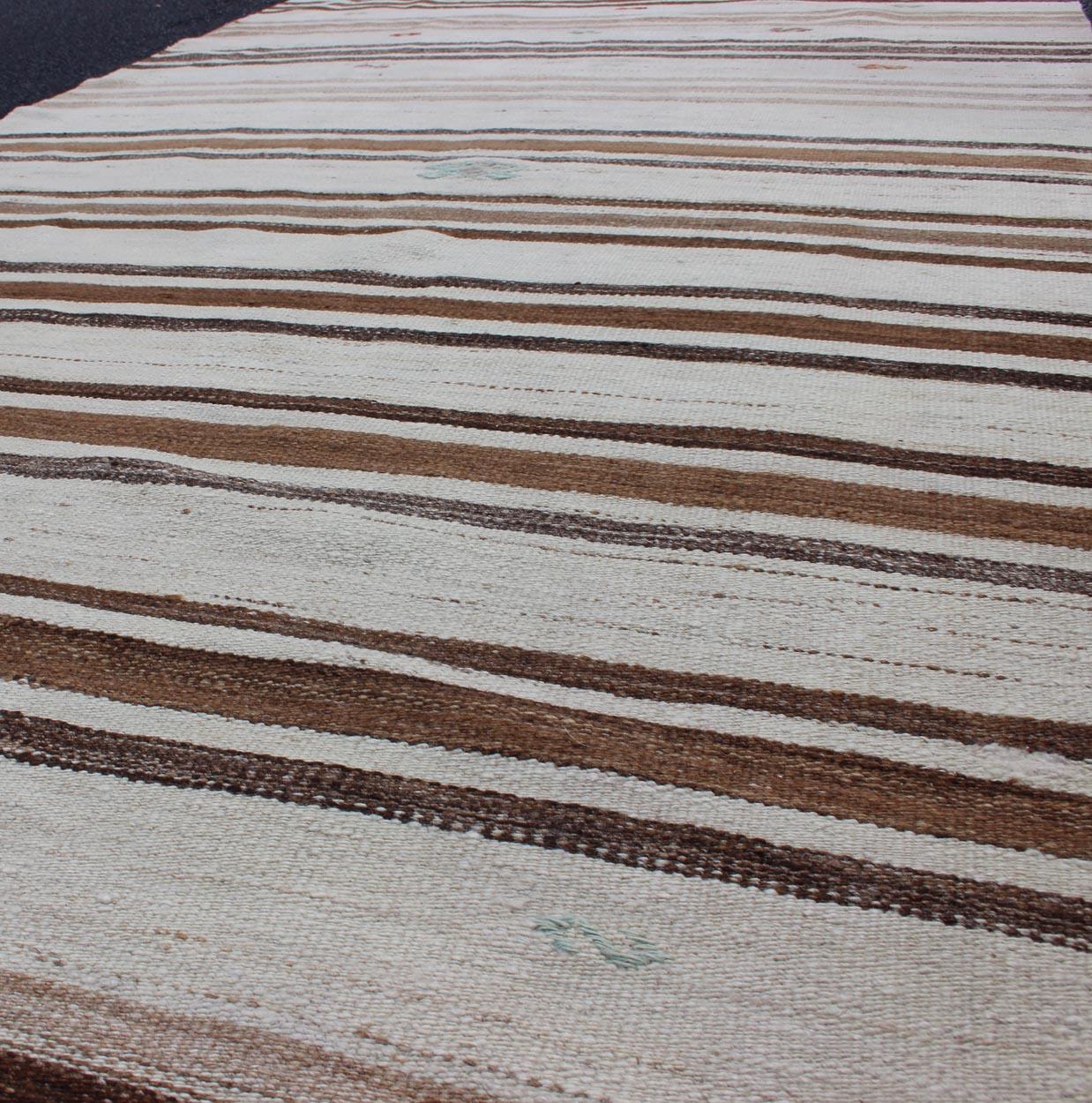 Wool Striped Turkish Vintage Kilim Flat-Weave Rug in Shades of Browns Taupe and Ivory For Sale