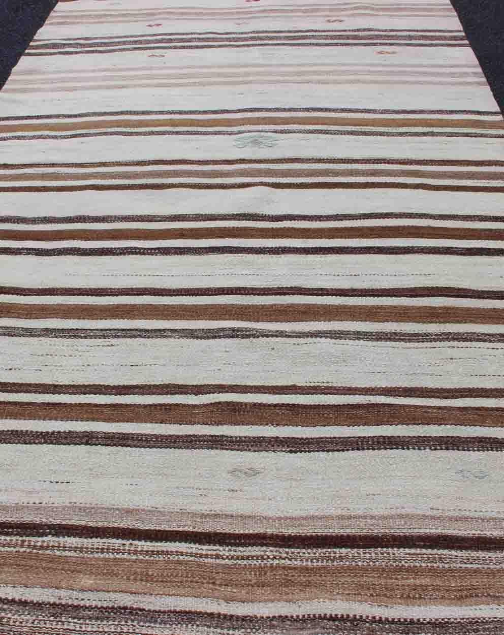 Striped Turkish Vintage Kilim Flat-Weave Rug in Shades of Browns Taupe and Ivory For Sale 1