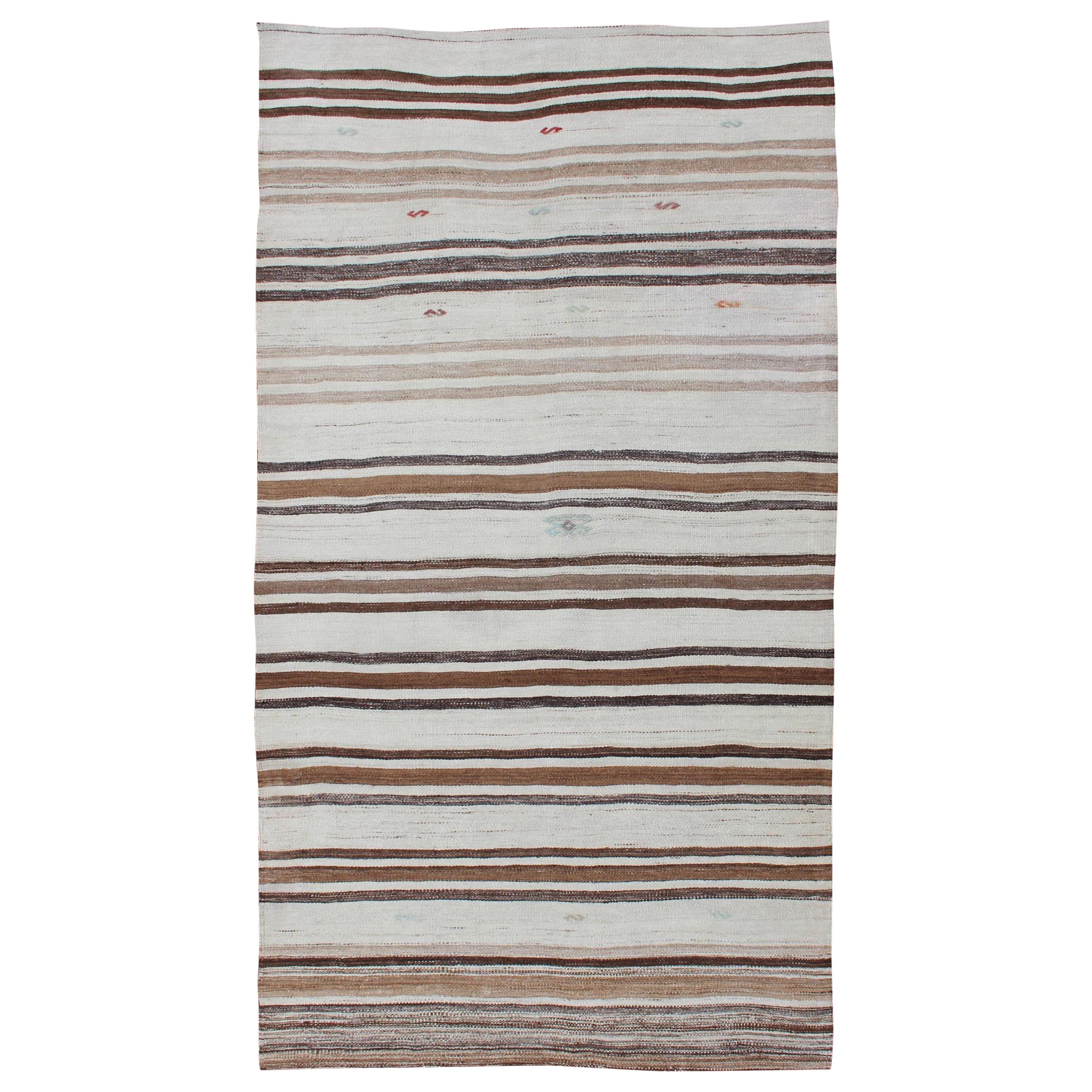 Striped Turkish Vintage Kilim Flat-Weave Rug in Shades of Browns Taupe and Ivory