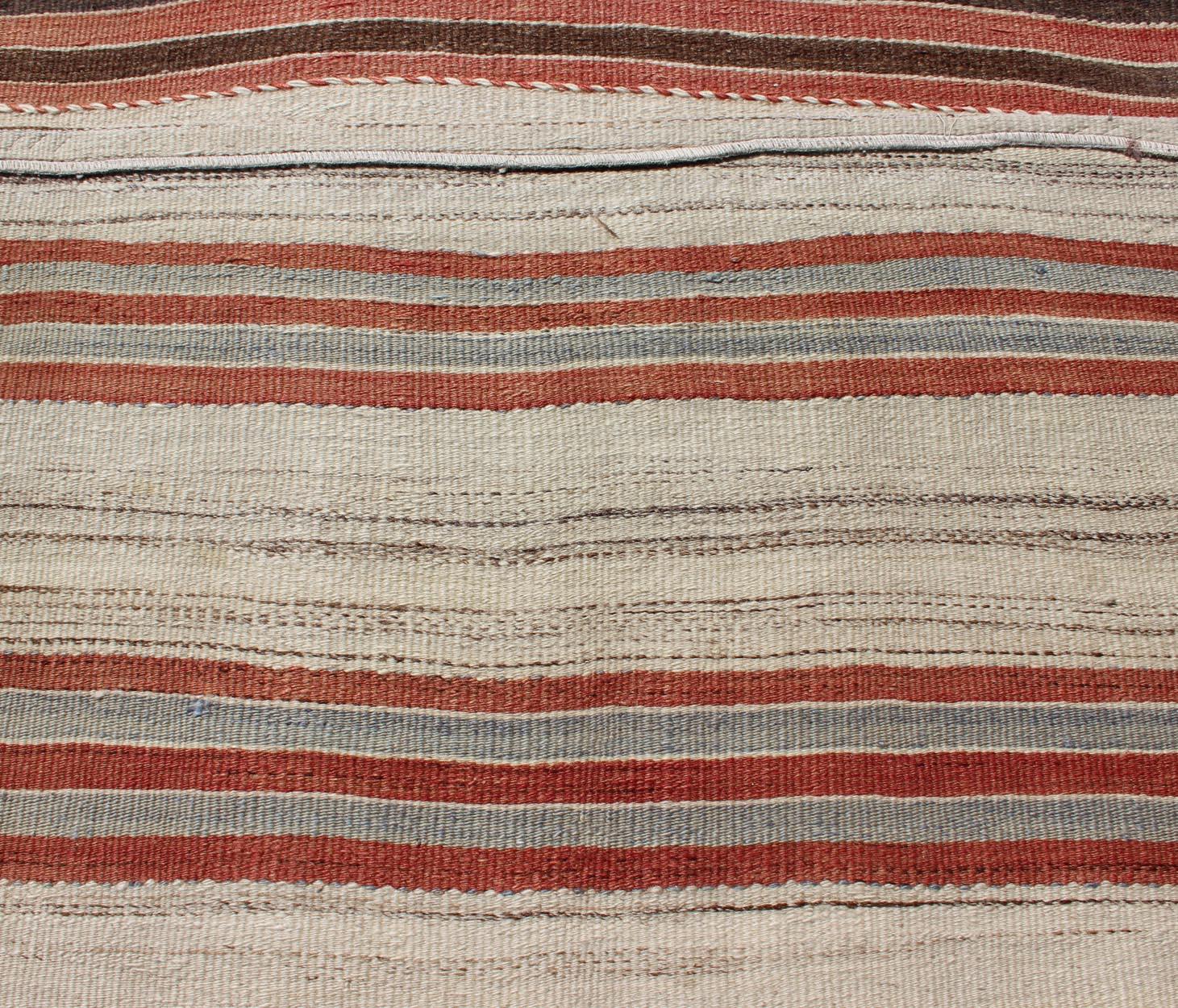 Hand-Woven Striped Turkish Vintage Kilim Flat-Weave Rug in Shades of Red, Brown, and Ivory