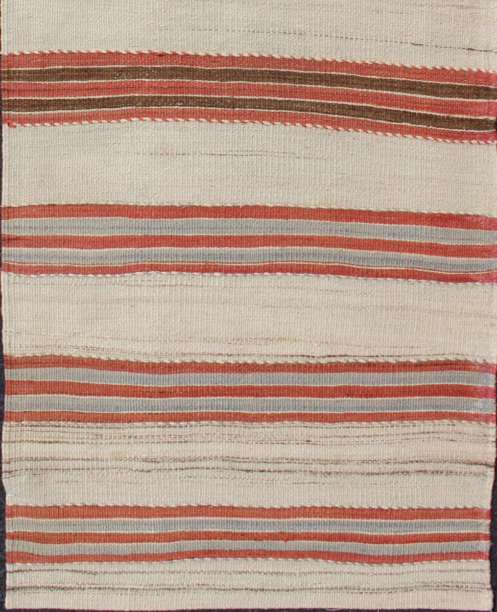 Striped Turkish Vintage Kilim Flat-Weave Rug in Shades of Red, Brown, and Ivory In Good Condition In Atlanta, GA