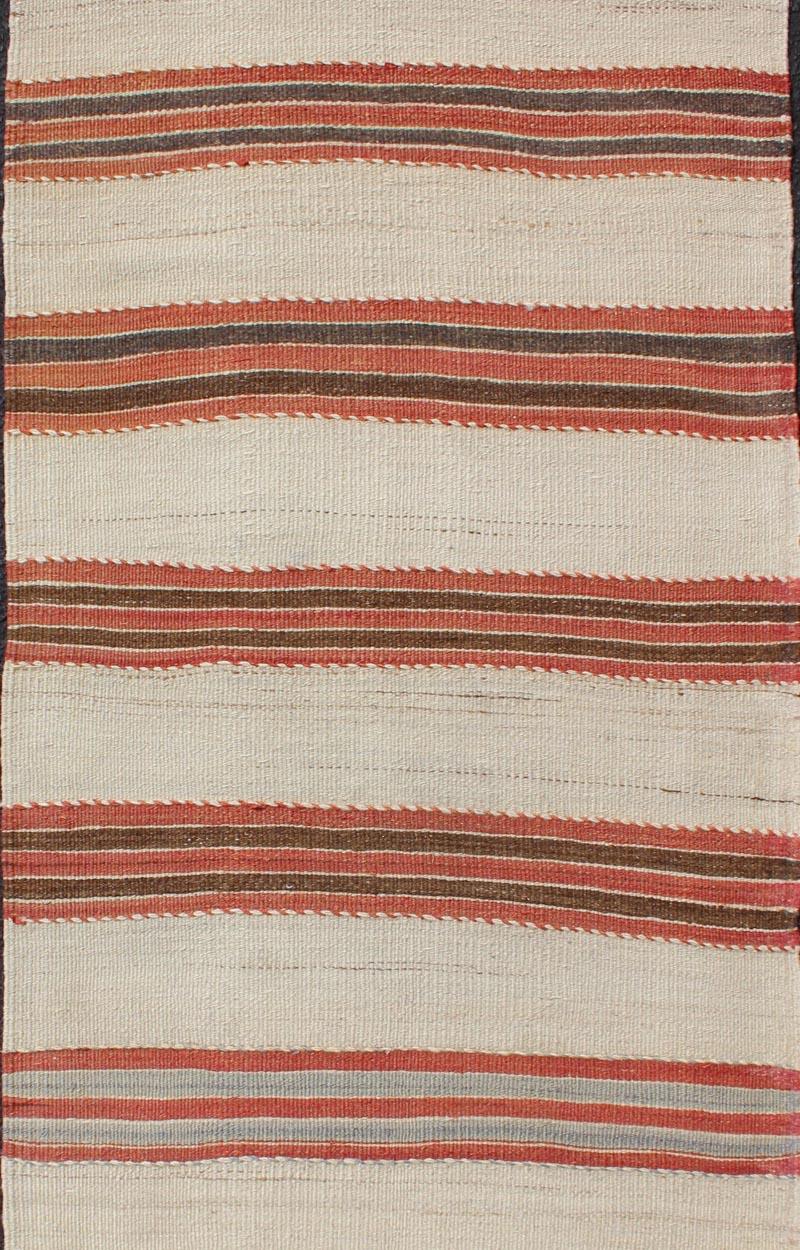 20th Century Striped Turkish Vintage Kilim Flat-Weave Rug in Shades of Red, Brown, and Ivory