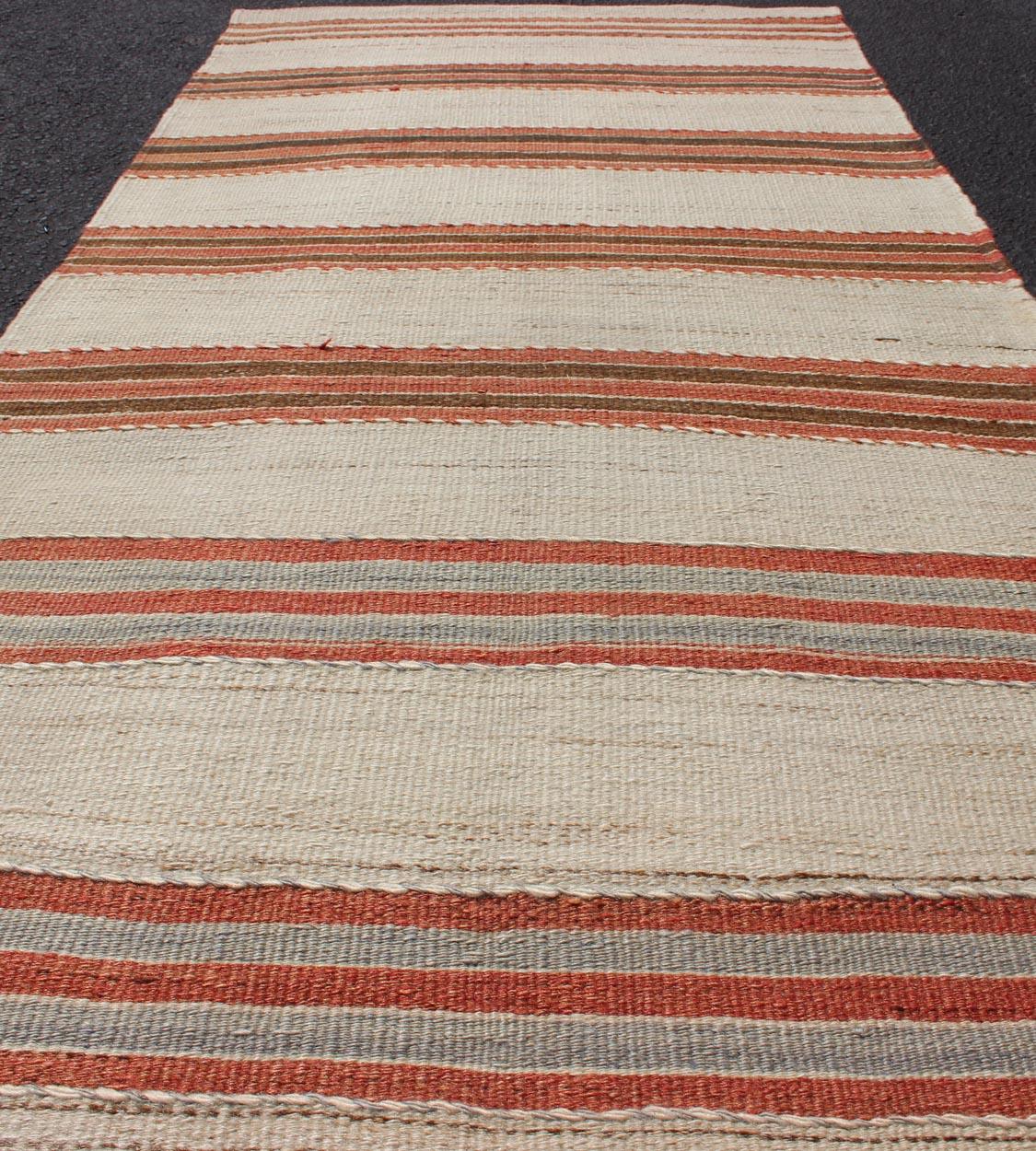 Striped Turkish Vintage Kilim Flat-Weave Rug in Shades of Red, Brown, and Ivory 1