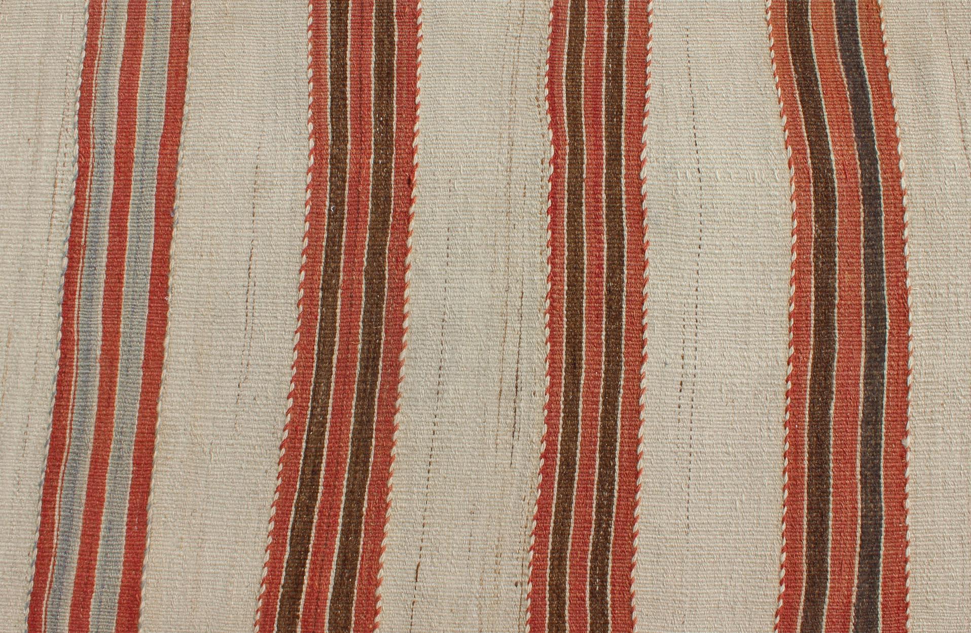 Striped Turkish Vintage Kilim Flat-Weave Rug in Shades of Red, Brown, and Ivory 2
